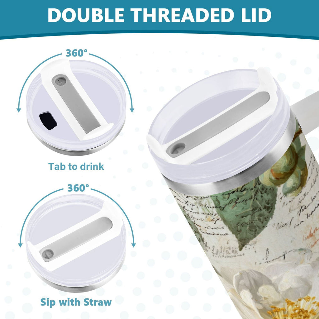 40 oz Insulated Stainless Steel Tumbler Double Wall Stainless Steel Tumbler with 2-Way Drinking Vintage White Camellias IBPN