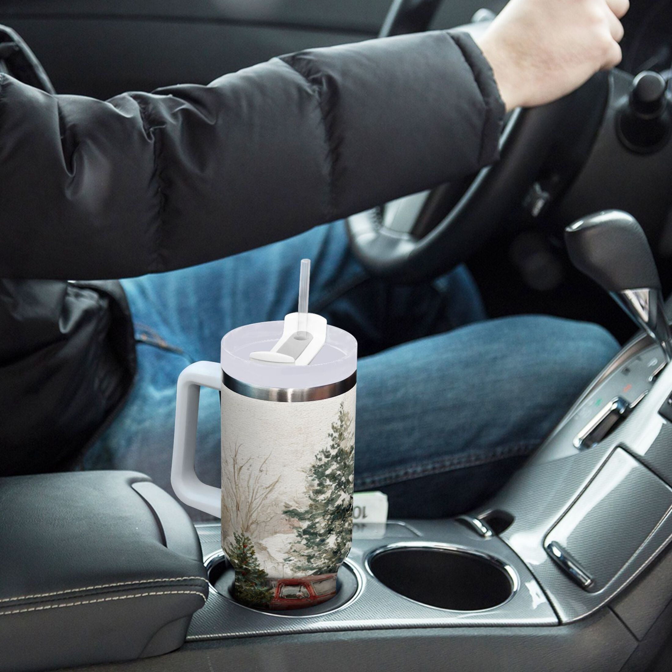 30 oz Insulated Stainless Steel Tumbler Double Wall Stainless Steel Tumbler with 2-Way Drinking Truck with Christmas Decorations UALX