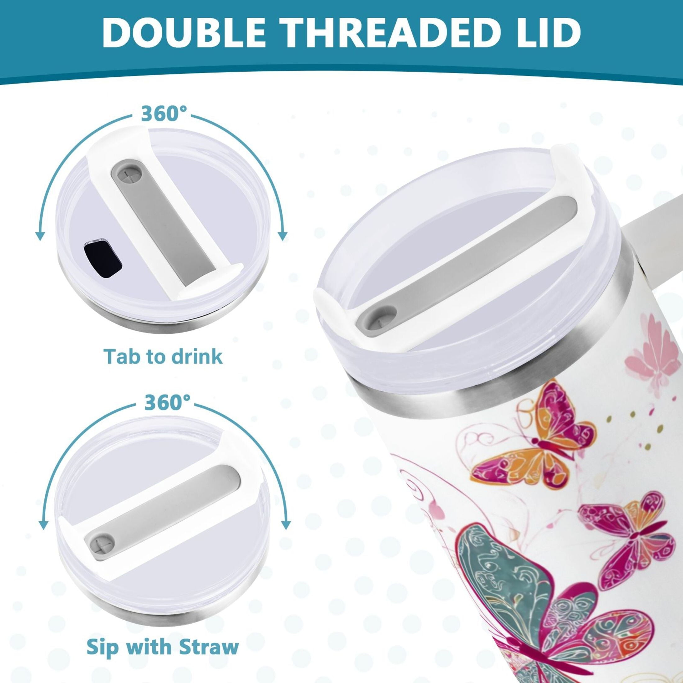30 oz Insulated Stainless Steel Tumbler Double Wall Stainless Steel Tumbler with 2-Way Drinking Colorful Butterflies 25QE