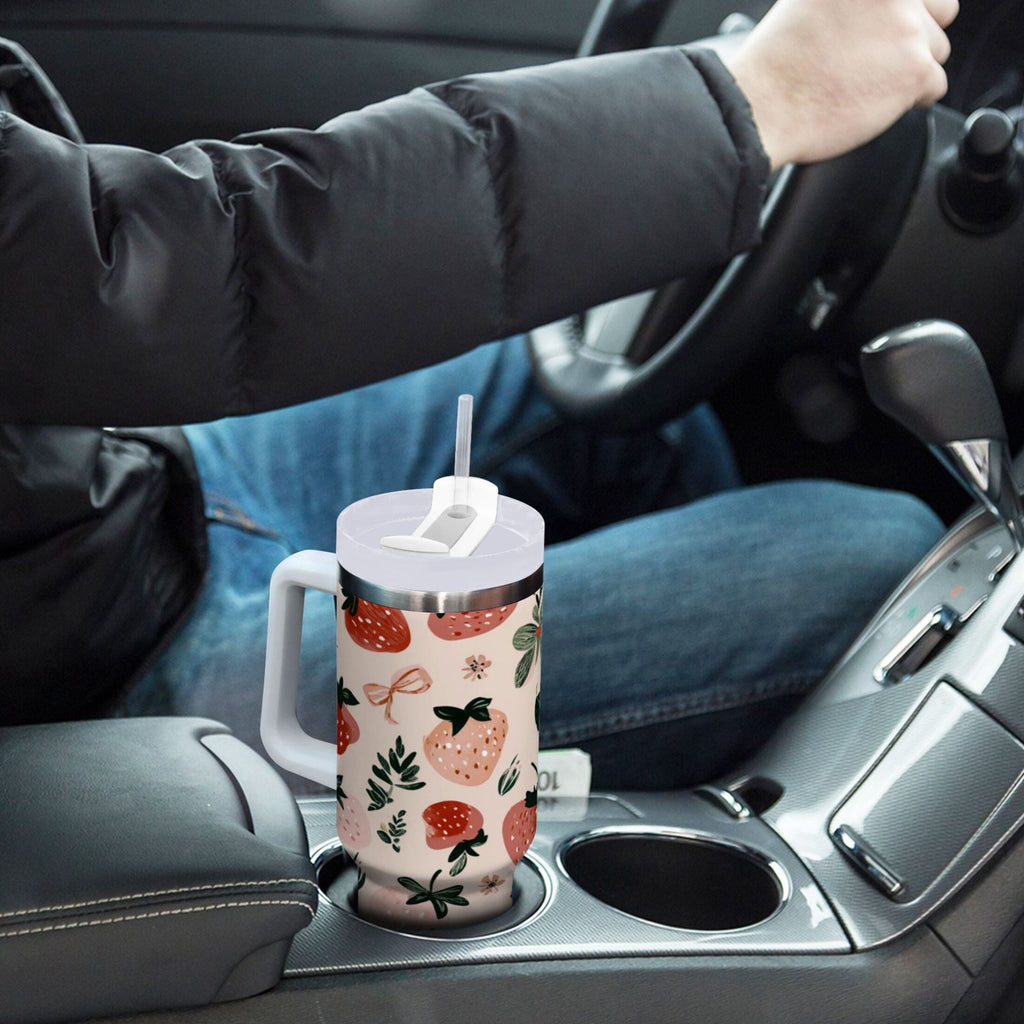30 oz Insulated Stainless Steel Tumbler Double Wall Stainless Steel Tumbler with 2-Way Drinking Cute Pinks Strawberries WZLV
