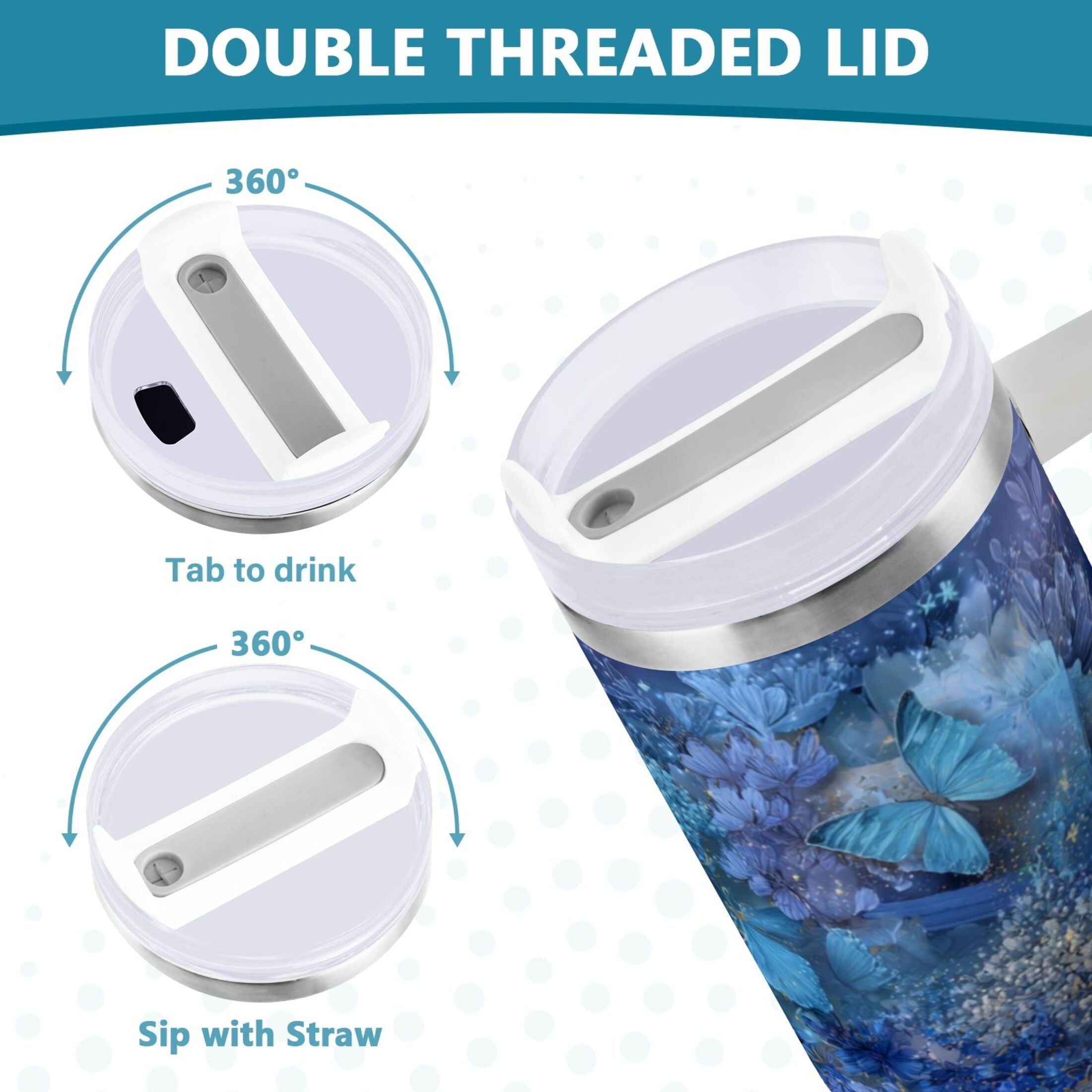 30 oz Insulated Stainless Steel Tumbler Double Wall Stainless Steel Tumbler with 2-Way Drinking Butterflies Books and Flowers TJRO