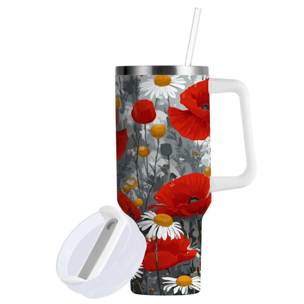 40 oz Insulated Stainless Steel Tumbler Double Wall Stainless Steel Tumbler with 2-Way Drinking Red Flowers and Daisies WD94