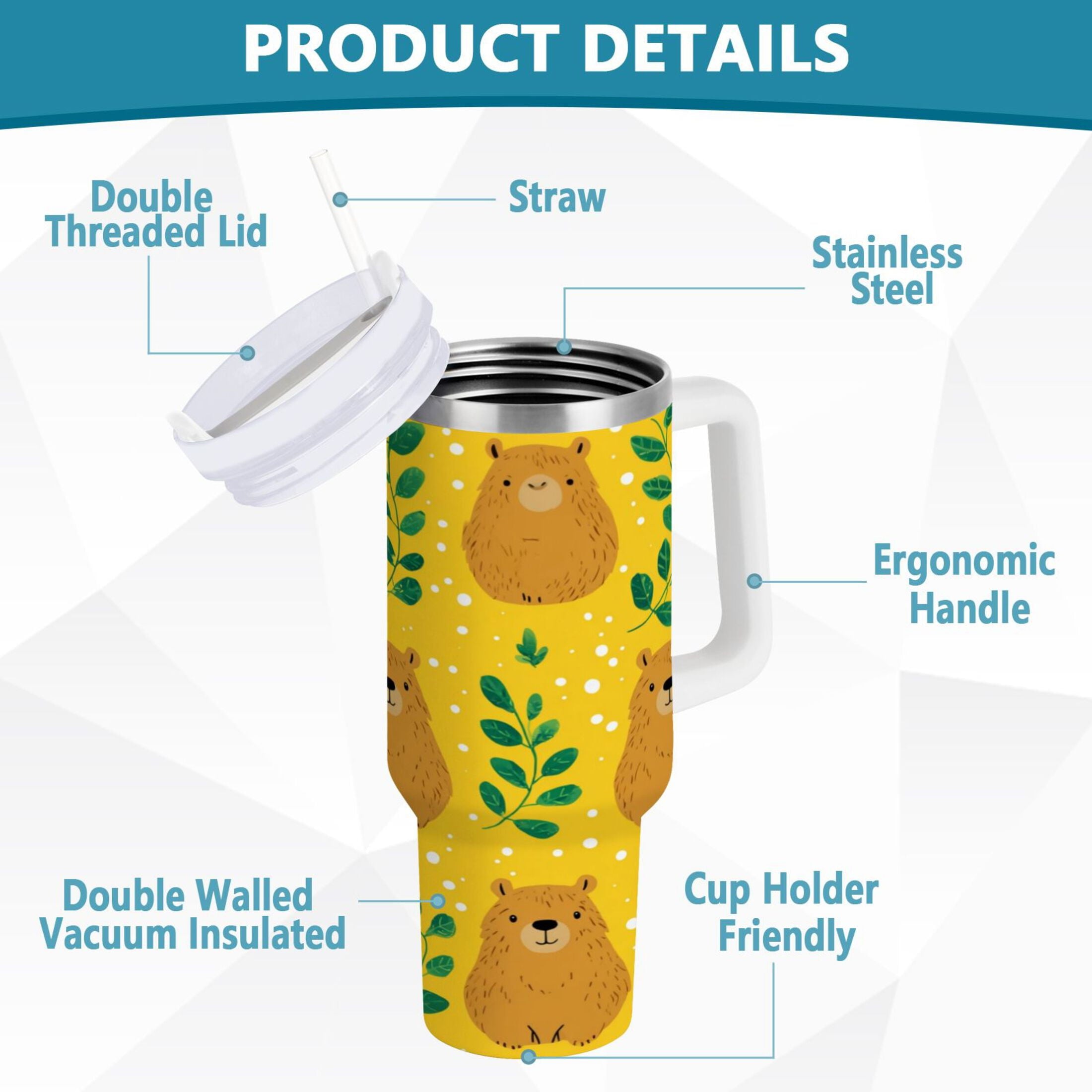 30 oz Insulated Stainless Steel Tumbler Double Wall Stainless Steel Tumbler with 2-Way Drinking Capybara and Green Leaves 35Y9