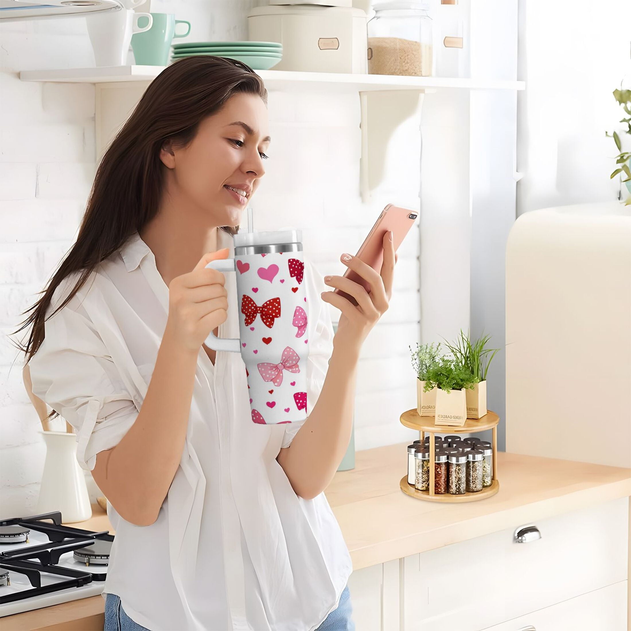 30 oz Insulated Stainless Steel Tumbler Double Wall Stainless Steel Tumbler with 2-Way Drinking Red and Pink Bows 7LBE