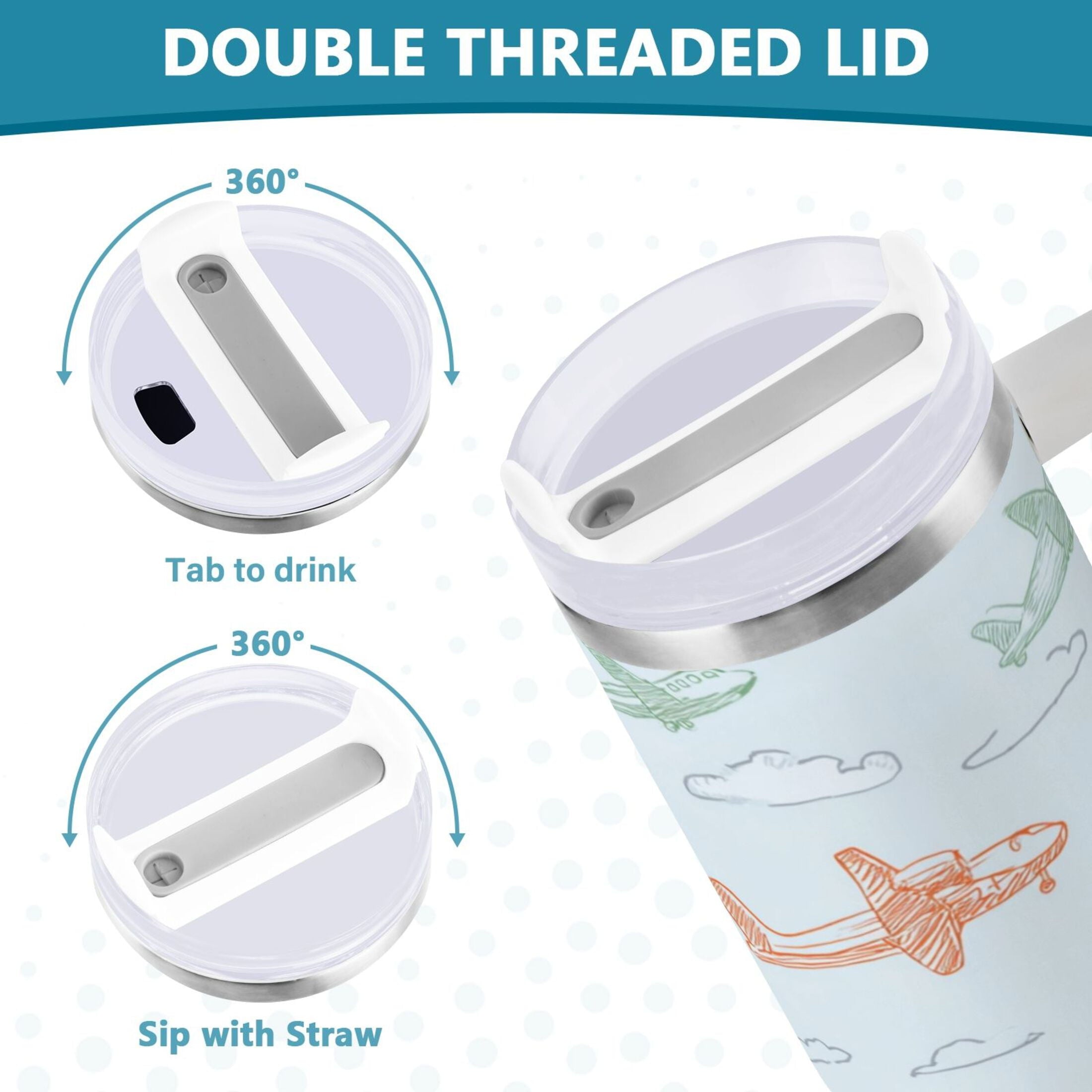 30 oz Insulated Stainless Steel Tumbler Double Wall Stainless Steel Tumbler with 2-Way Drinking Pastel Doodle Airplanes SUOH