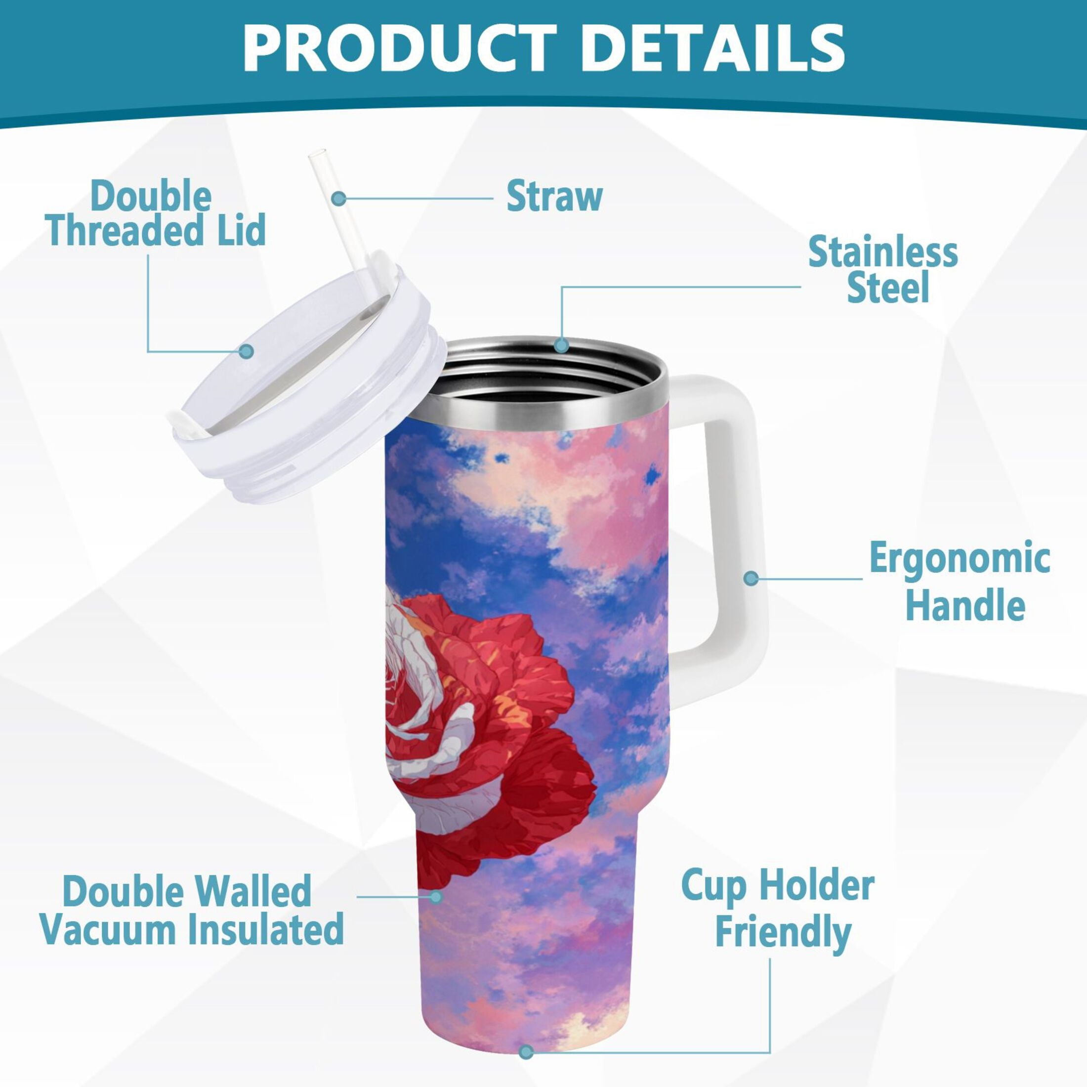 30 oz Insulated Stainless Steel Tumbler Double Wall Stainless Steel Tumbler with 2-Way Drinking Rose with Flag Pattern W6UE