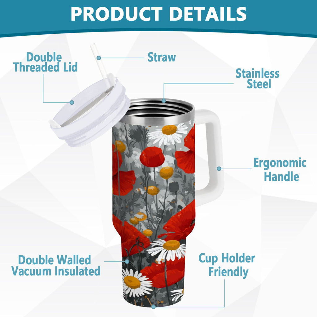 40 oz Insulated Stainless Steel Tumbler Double Wall Stainless Steel Tumbler with 2-Way Drinking Red Flowers and Daisies WD94