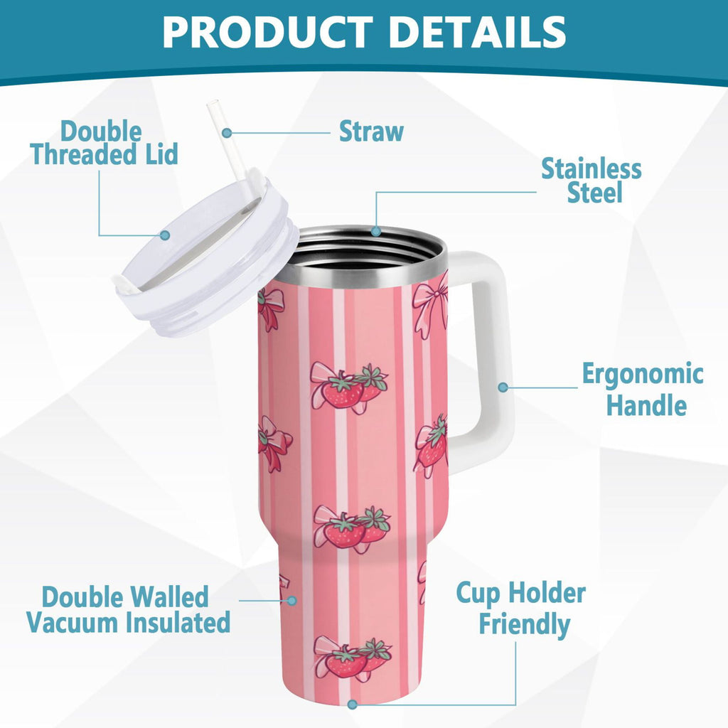 30 oz Insulated Stainless Steel Tumbler Double Wall Stainless Steel Tumbler with 2-Way Drinking Pink Bows and Strawberries RGCS
