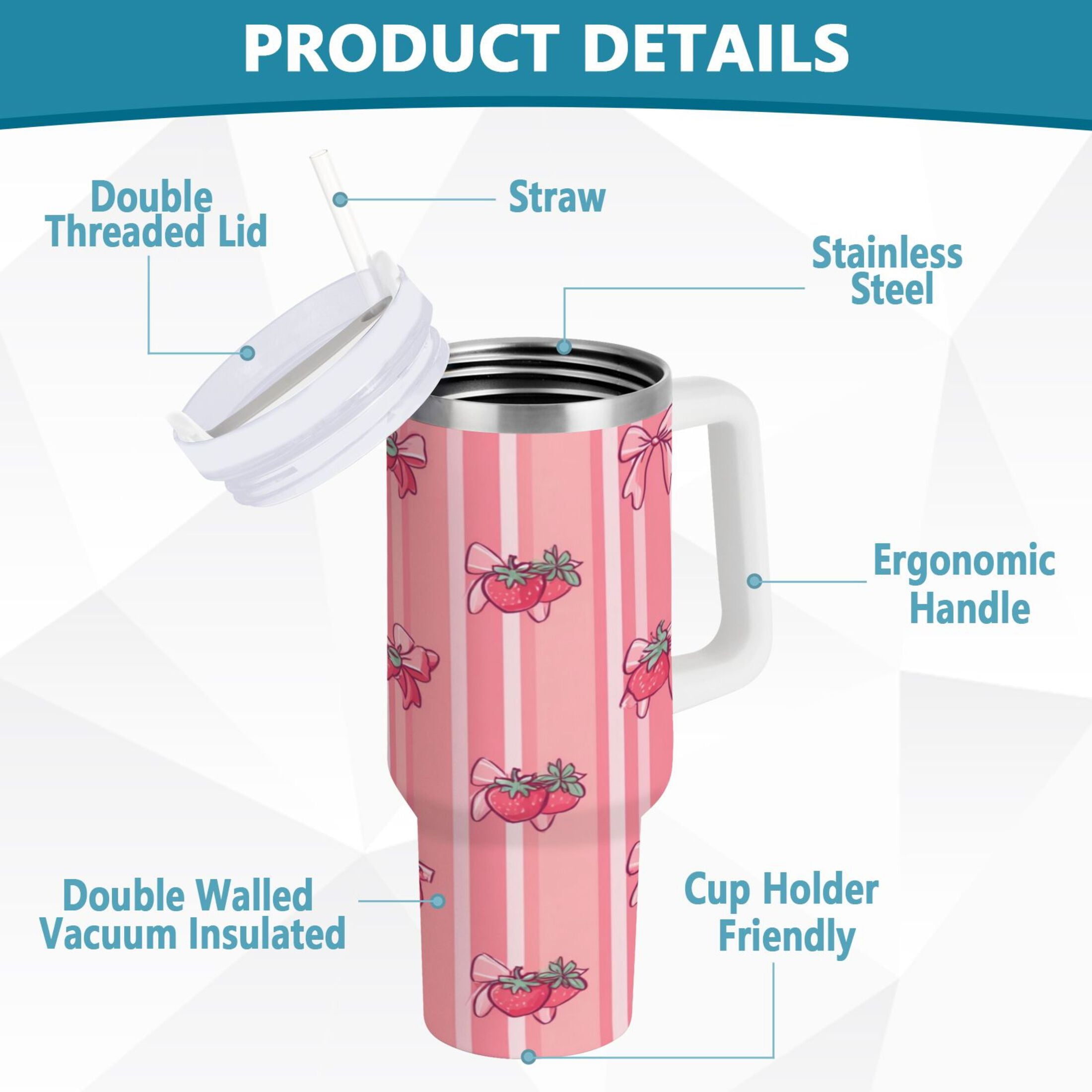 30 oz Insulated Stainless Steel Tumbler Double Wall Stainless Steel Tumbler with 2-Way Drinking Pink Bows and Strawberries RGCS