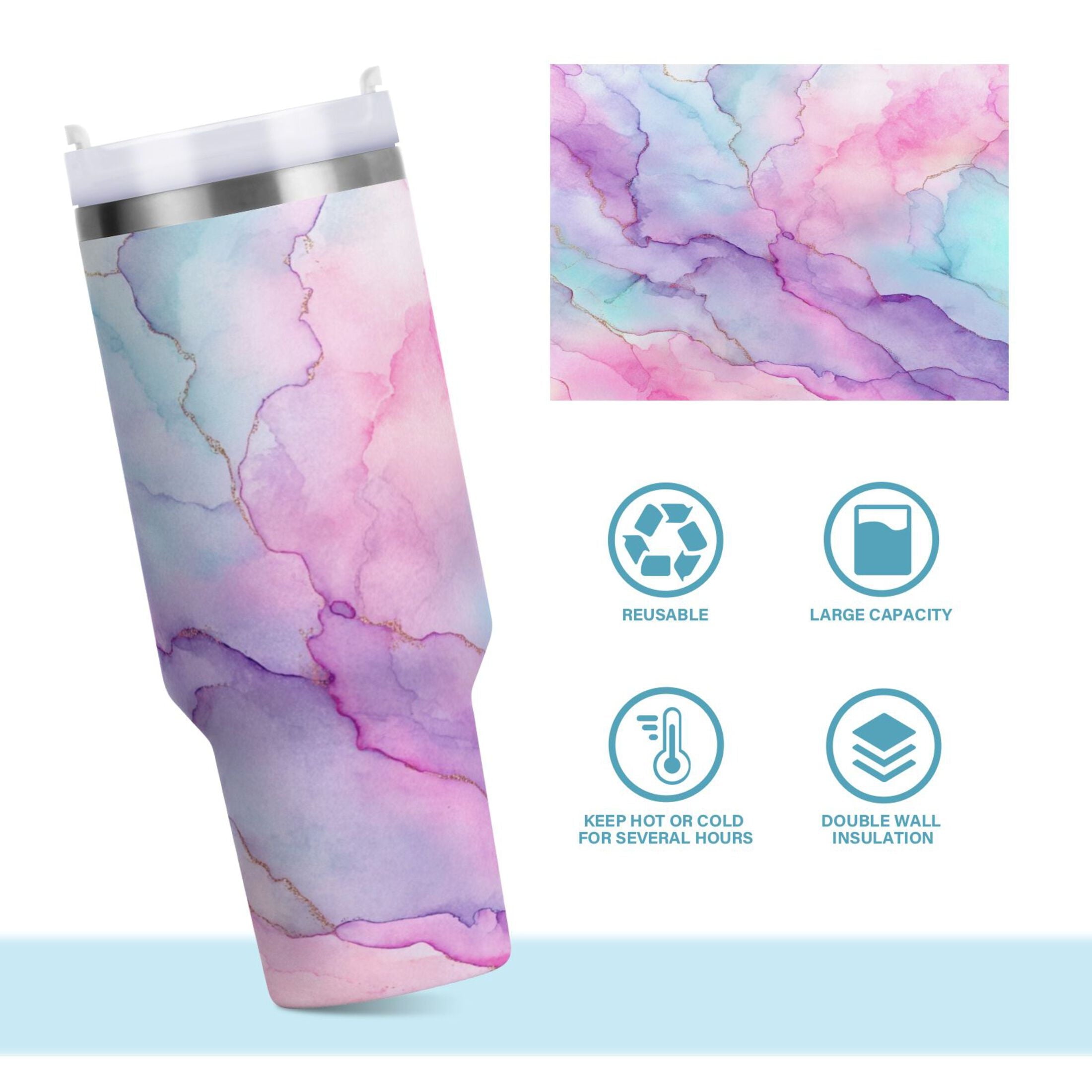 30 oz Insulated Stainless Steel Tumbler Double Wall Stainless Steel Tumbler with 2-Way Drinking Pastel Pink Marble Texture 9UPW