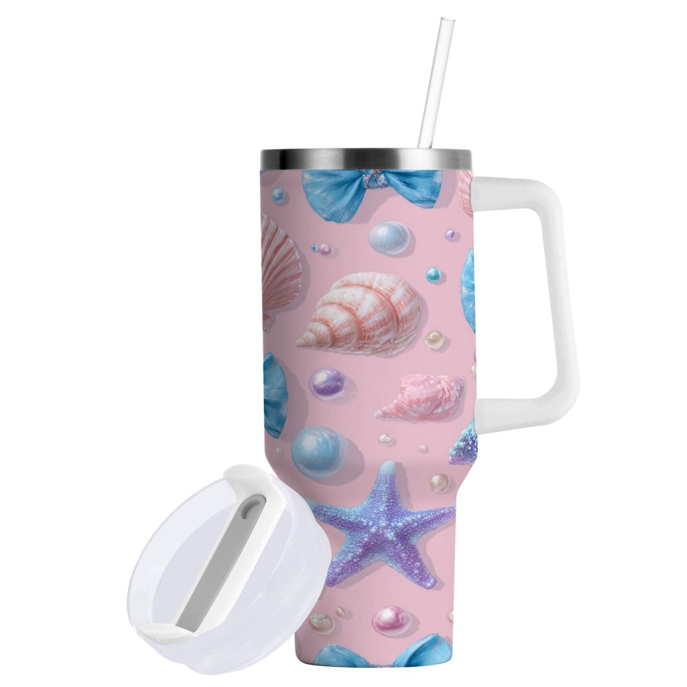 30 oz Insulated Stainless Steel Tumbler Double Wall Stainless Steel Tumbler with 2-Way Drinking Seashells and Bows XXPO