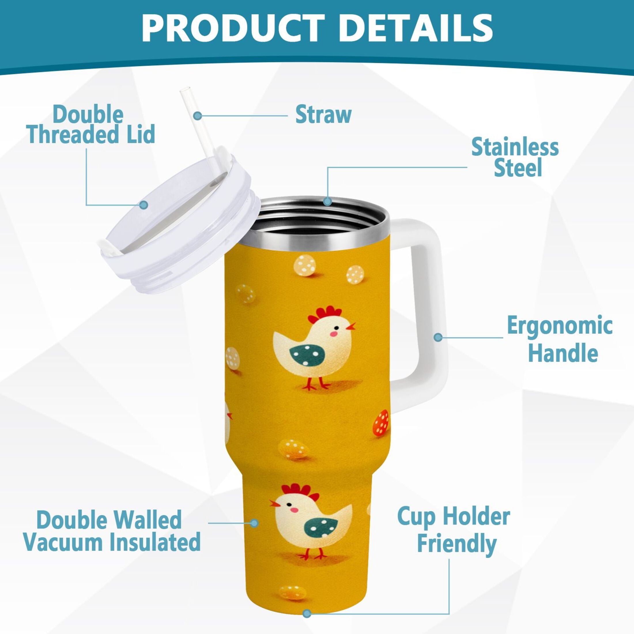 30 oz Insulated Stainless Steel Tumbler Double Wall Stainless Steel Tumbler with 2-Way Drinking Cartoon Chickens Pattern UOY9