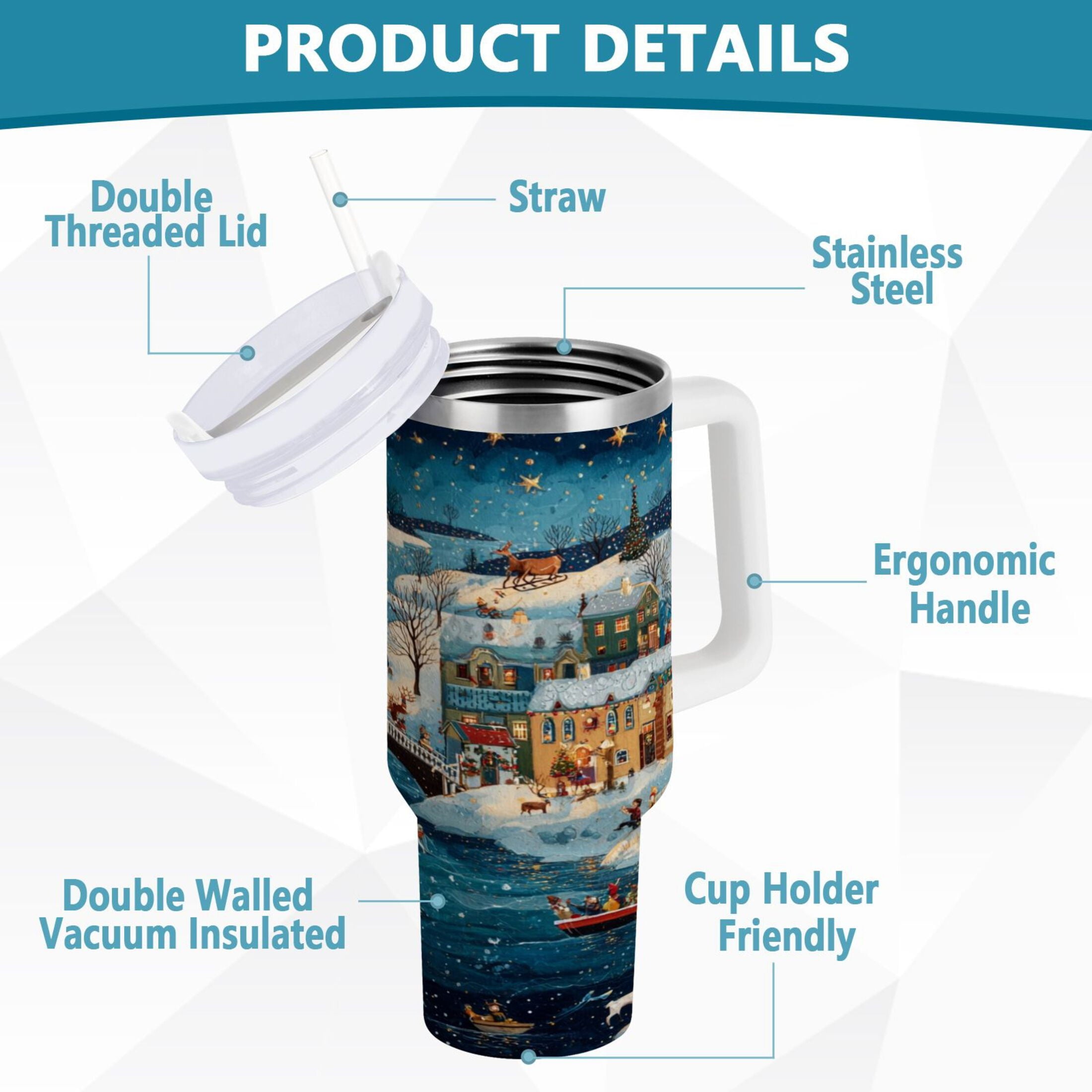 30 oz Insulated Stainless Steel Tumbler Double Wall Stainless Steel Tumbler with 2-Way Drinking Whimsical Christmas Scene WG28