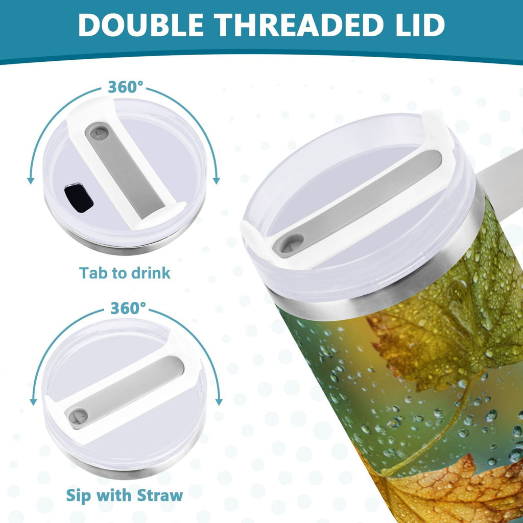 30 oz Insulated Stainless Steel Tumbler Double Wall Stainless Steel Tumbler with 2-Way Drinking Leaves with Water Droplets EV6S