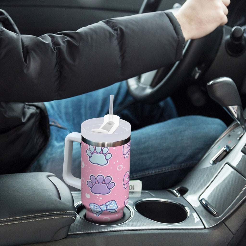 30 oz Insulated Stainless Steel Tumbler Double Wall Stainless Steel Tumbler with 2-Way Drinking Dog Paw Prints and Bows MYED