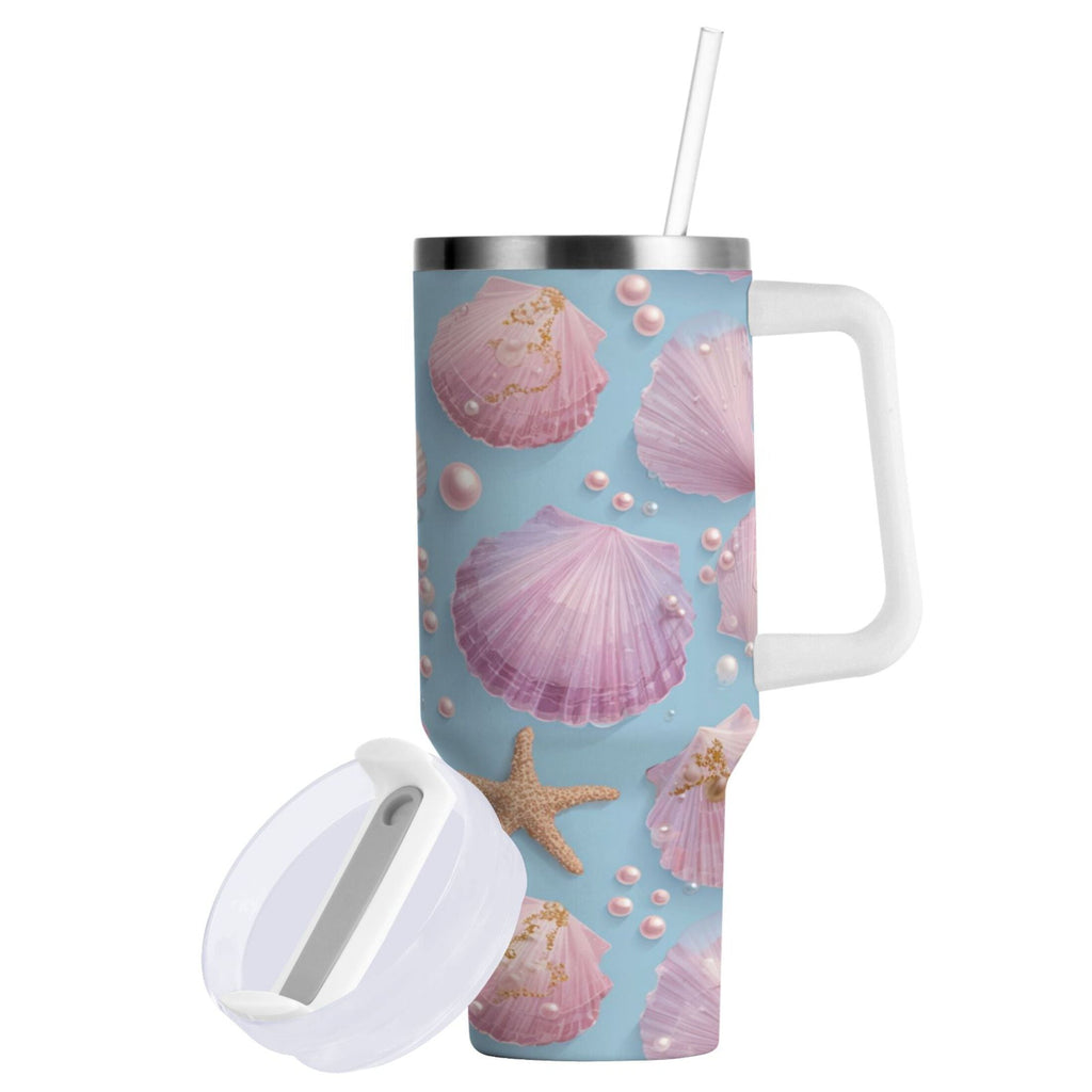 40 oz Insulated Stainless Steel Tumbler Double Wall Stainless Steel Tumbler with 2-Way Drinking Seashells and Pearls Pattern D63B