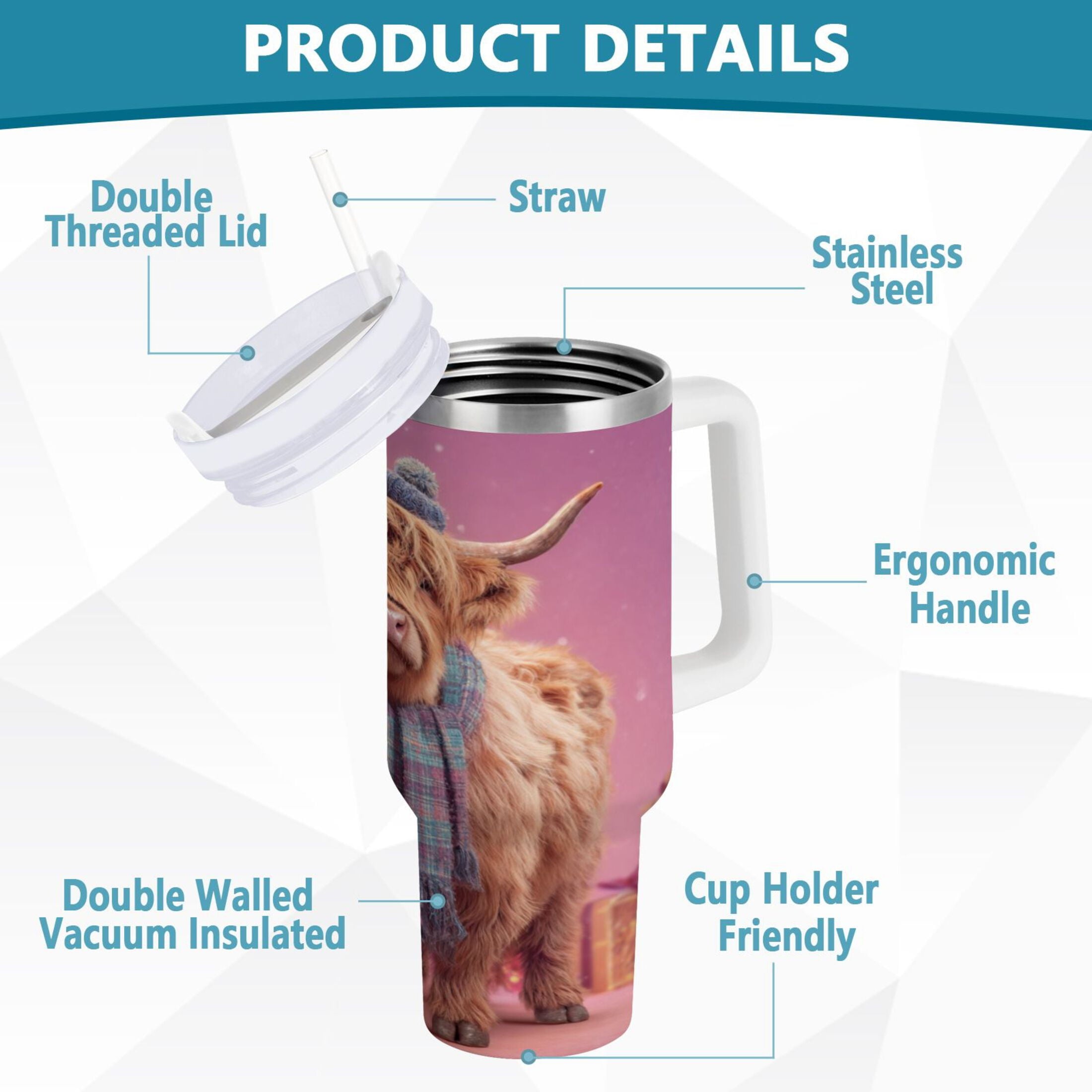 30 oz Insulated Stainless Steel Tumbler Double Wall Stainless Steel Tumbler with 2-Way Drinking Cow Wearing Christmas 34Q4