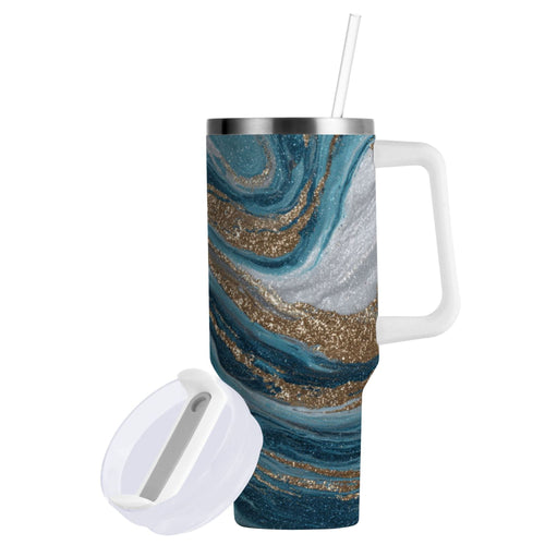 30 oz Insulated Stainless Steel Tumbler Double Wall Stainless Steel Tumbler with 2-Way Drinking Blue and Gold Swirling QE2X