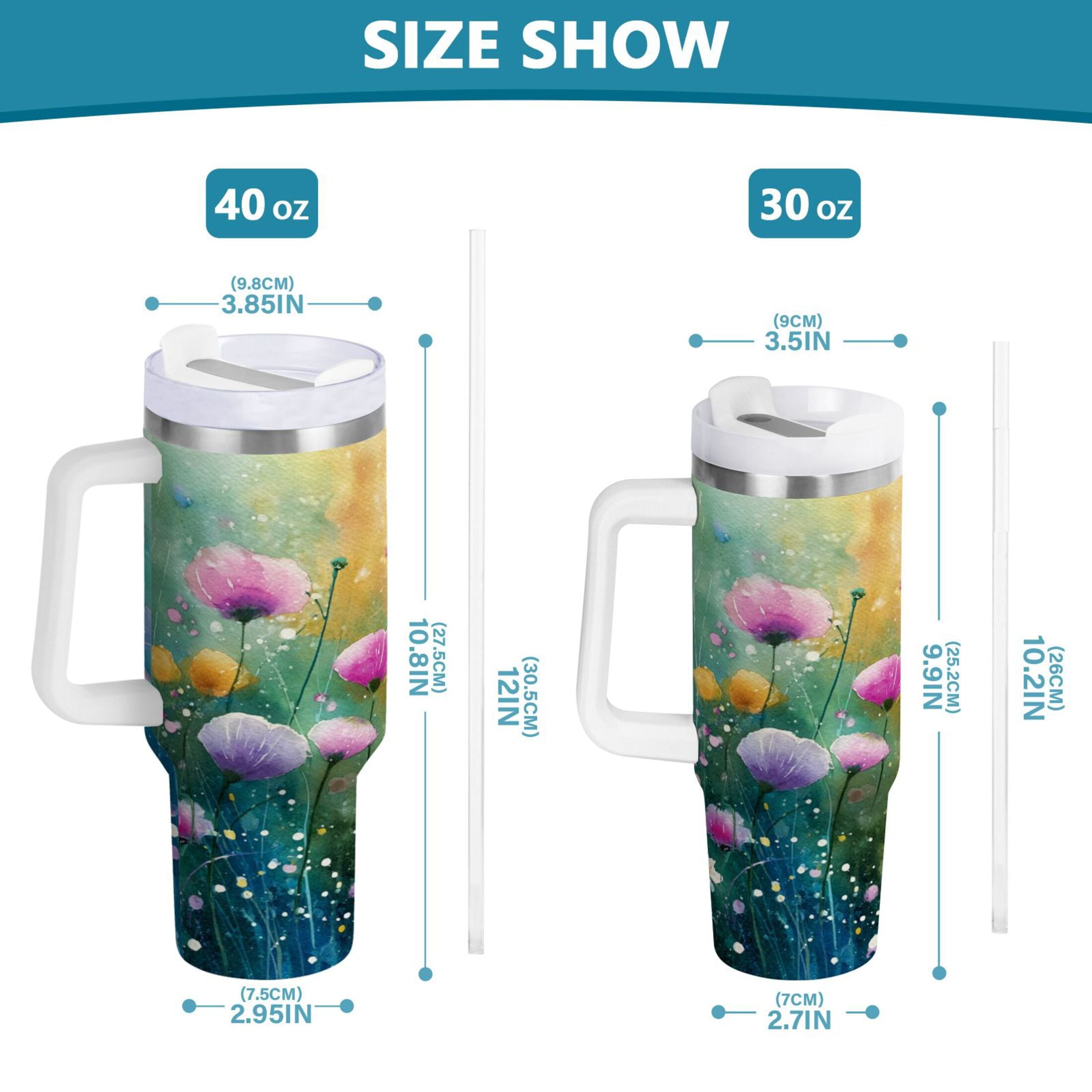 30 oz Insulated Stainless Steel Tumbler Double Wall Stainless Steel Tumbler with 2-Way Drinking Watercolor Wildflowers RLHN