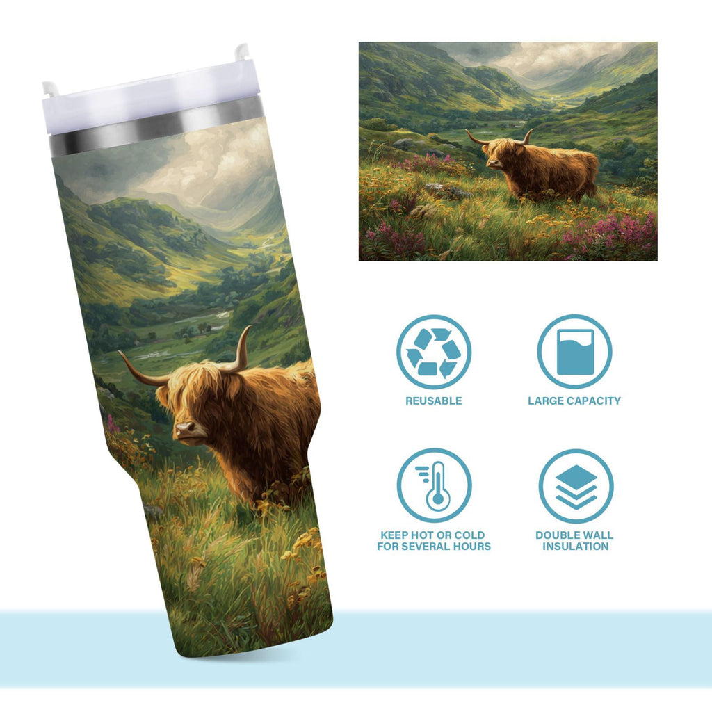 30 oz Insulated Stainless Steel Tumbler Double Wall Stainless Steel Tumbler with 2-Way Drinking Cow in Green Rolling Hills 2PST