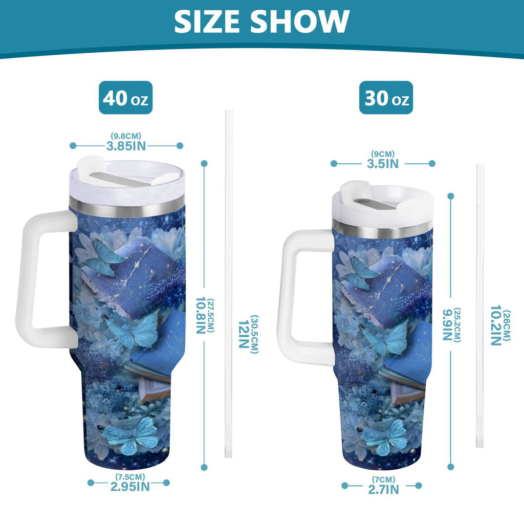 30 oz Insulated Stainless Steel Tumbler Double Wall Stainless Steel Tumbler with 2-Way Drinking Butterflies Books and Flowers TJRO