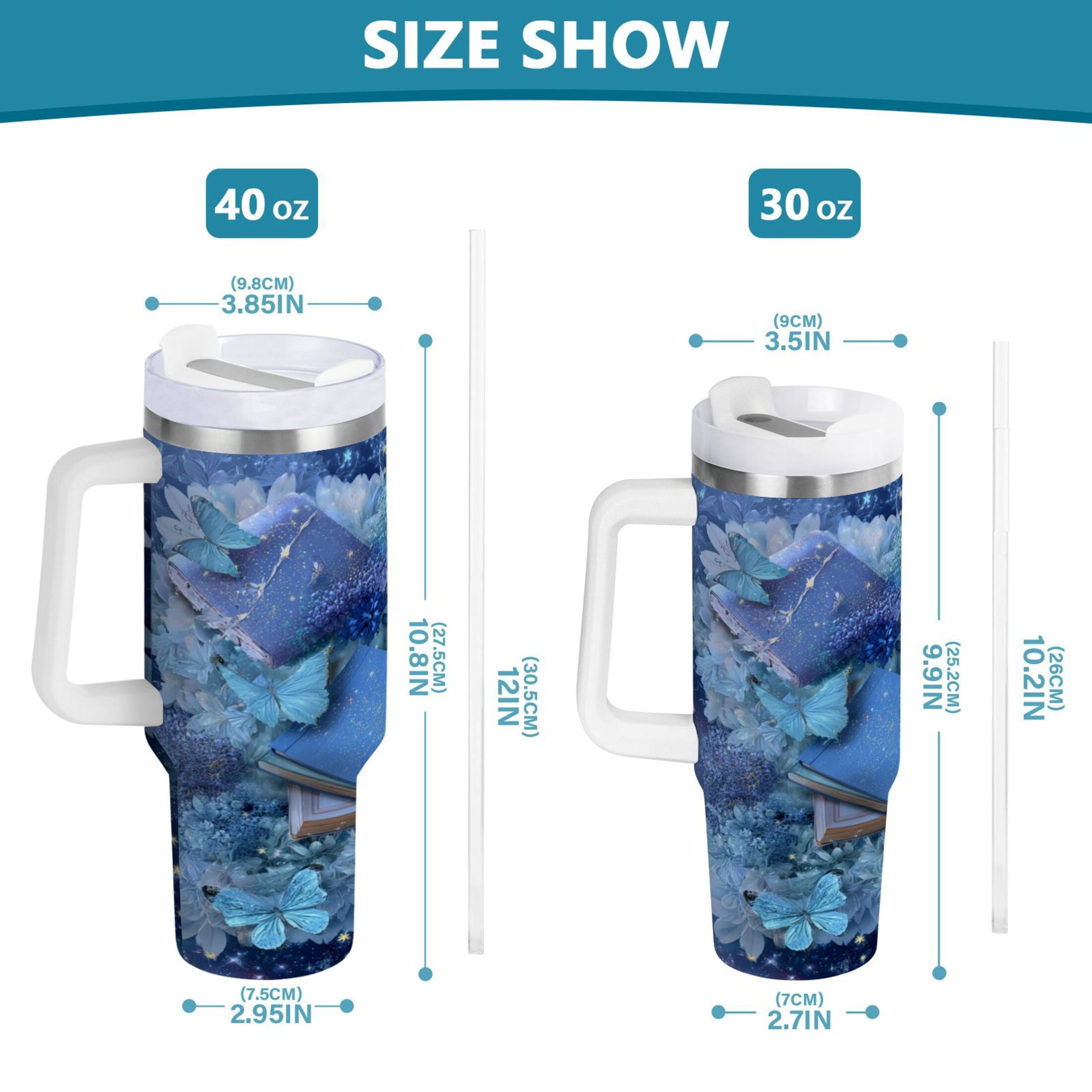 30 oz Insulated Stainless Steel Tumbler Double Wall Stainless Steel Tumbler with 2-Way Drinking Butterflies Books and Flowers TJRO