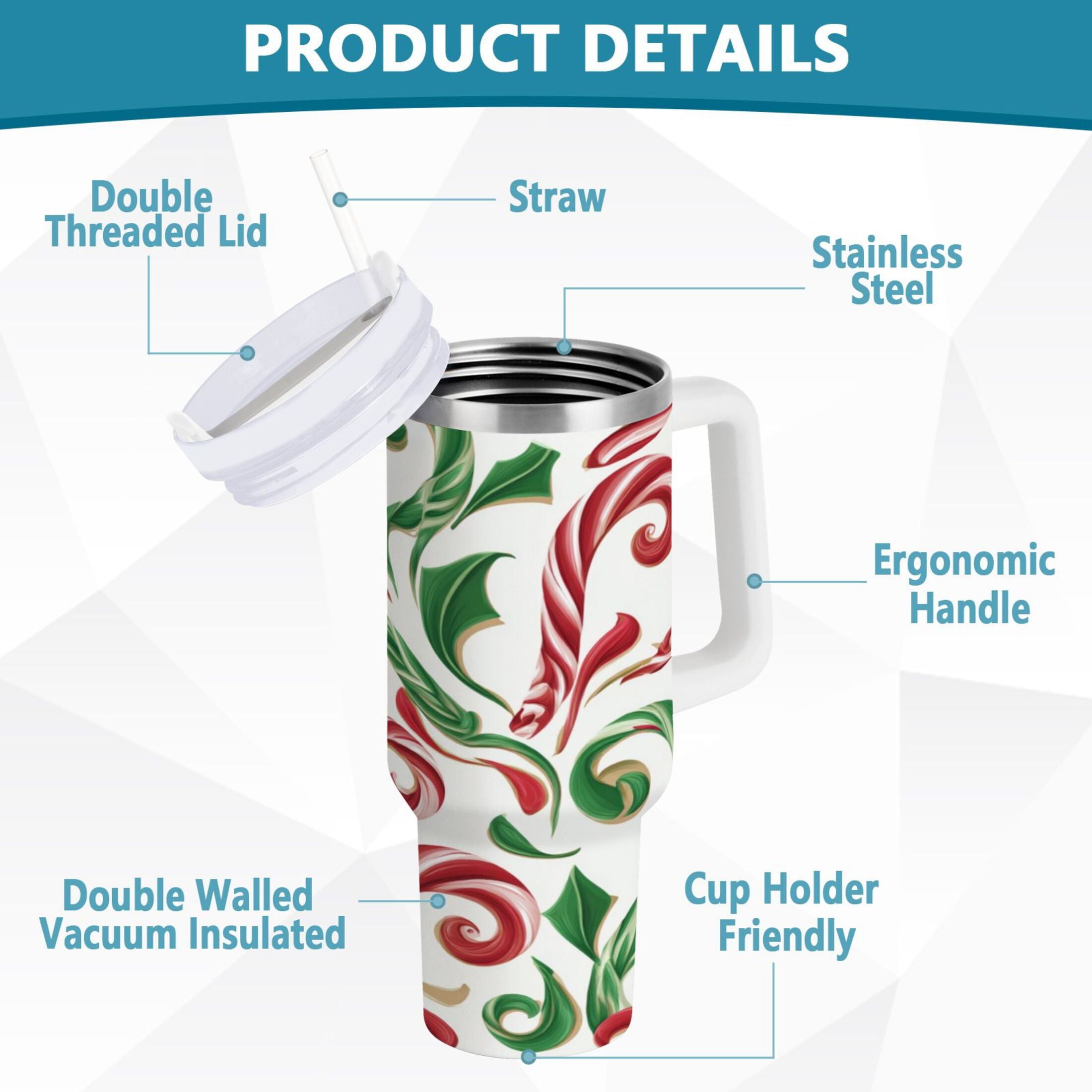 40 oz Insulated Stainless Steel Tumbler Double Wall Stainless Steel Tumbler with 2-Way Drinking Red and Green Candy-cane 344Z