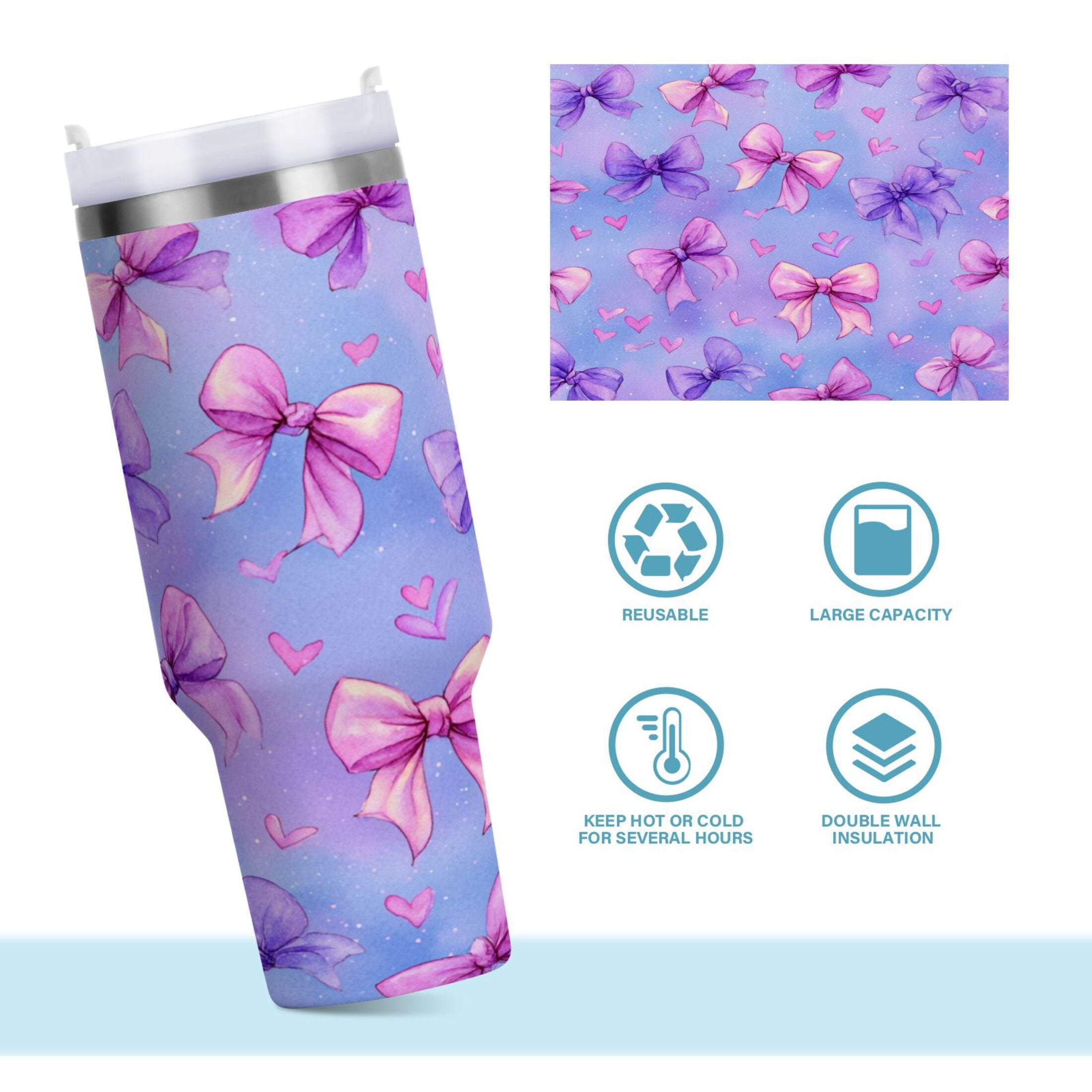 30 oz Insulated Stainless Steel Tumbler Double Wall Stainless Steel Tumbler with 2-Way Drinking Watercolor Bows Pattern RY8U