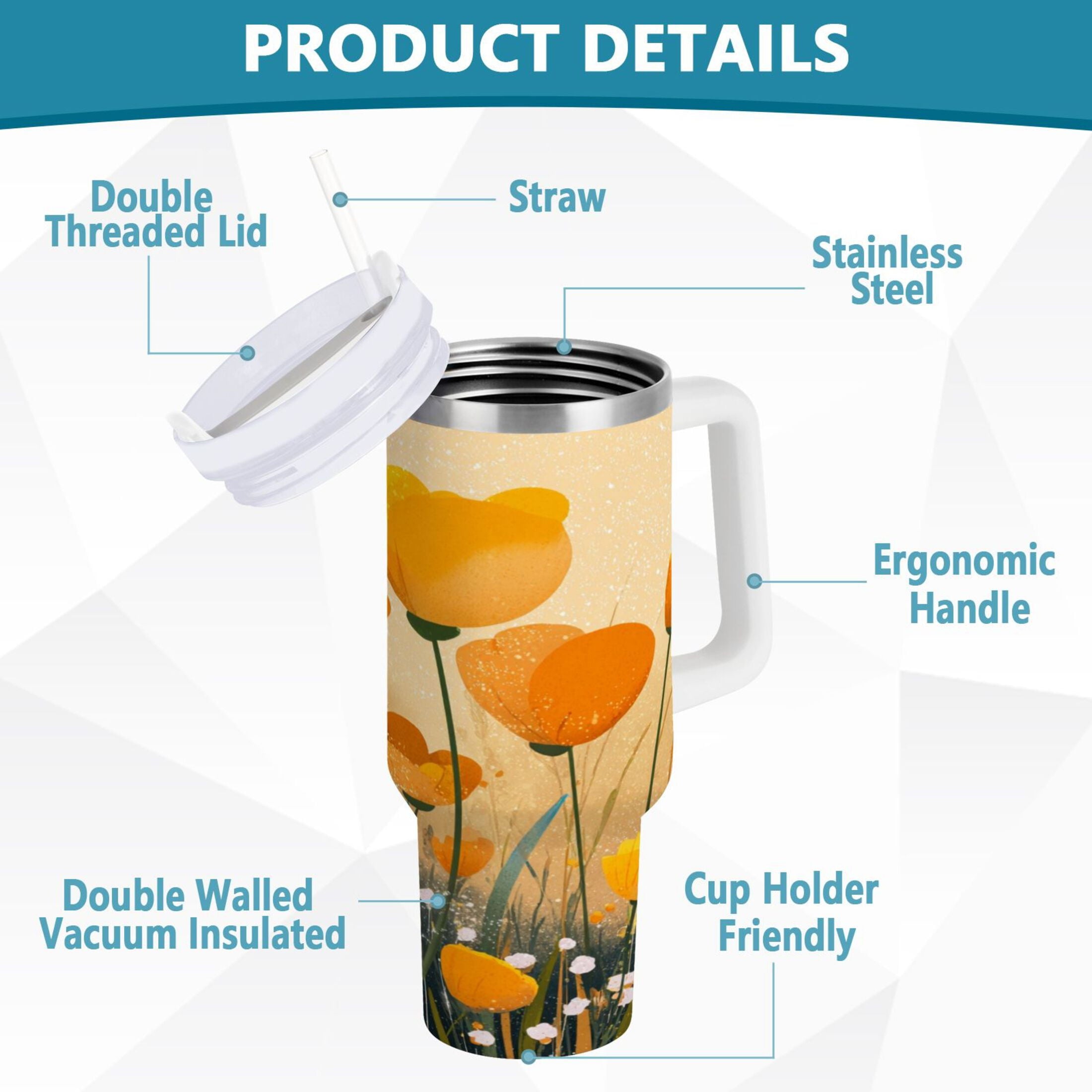 30 oz Insulated Stainless Steel Tumbler Double Wall Stainless Steel Tumbler with 2-Way Drinking Yellow Flowers on The Grass MRP1