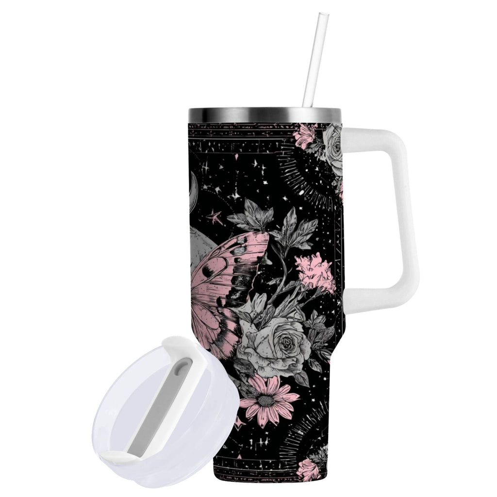 30 oz Insulated Stainless Steel Tumbler Double Wall Stainless Steel Tumbler with 2-Way Drinking Butterfly by Moon and Flowers ZOYE