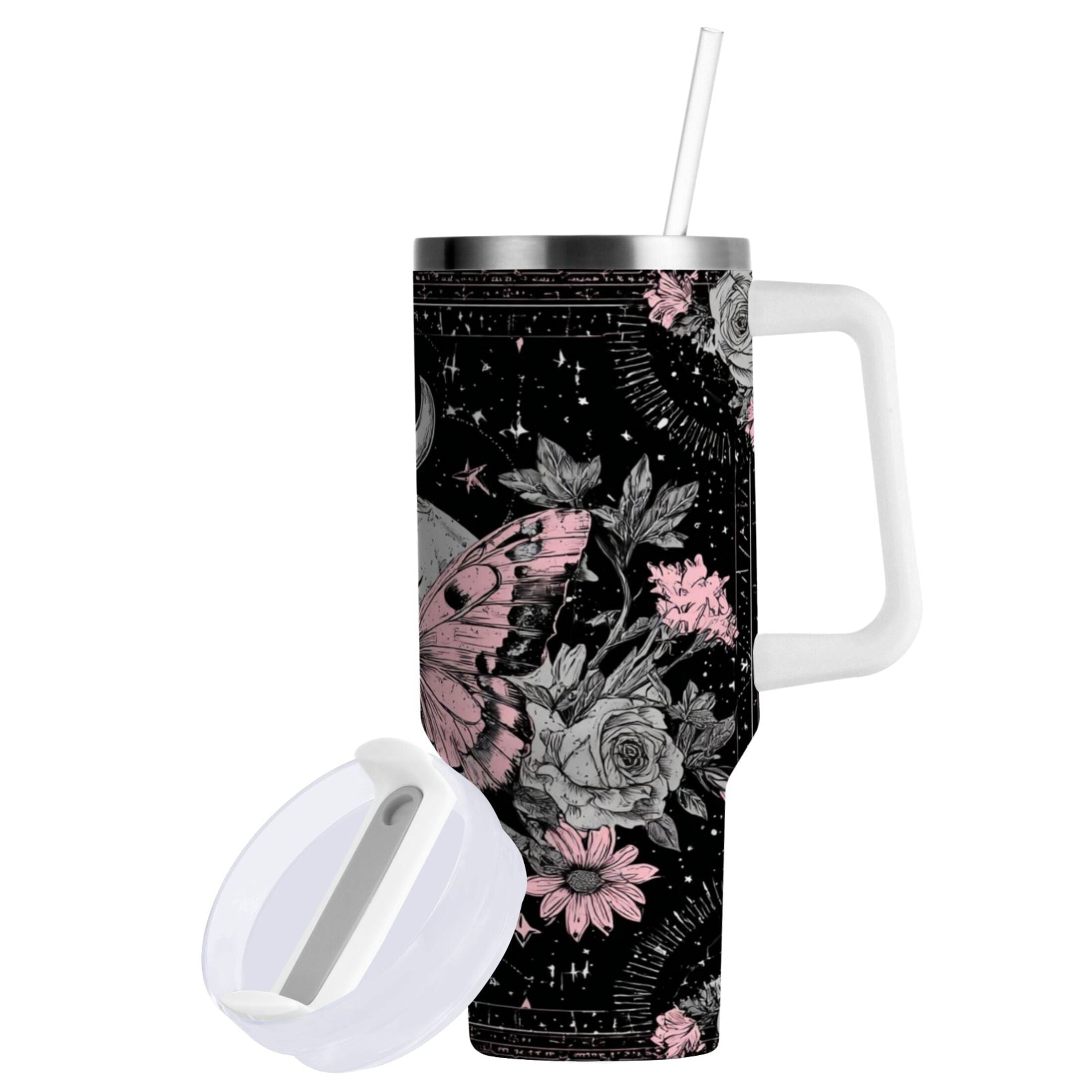 30 oz Insulated Stainless Steel Tumbler Double Wall Stainless Steel Tumbler with 2-Way Drinking Butterfly by Moon and Flowers ZOYE