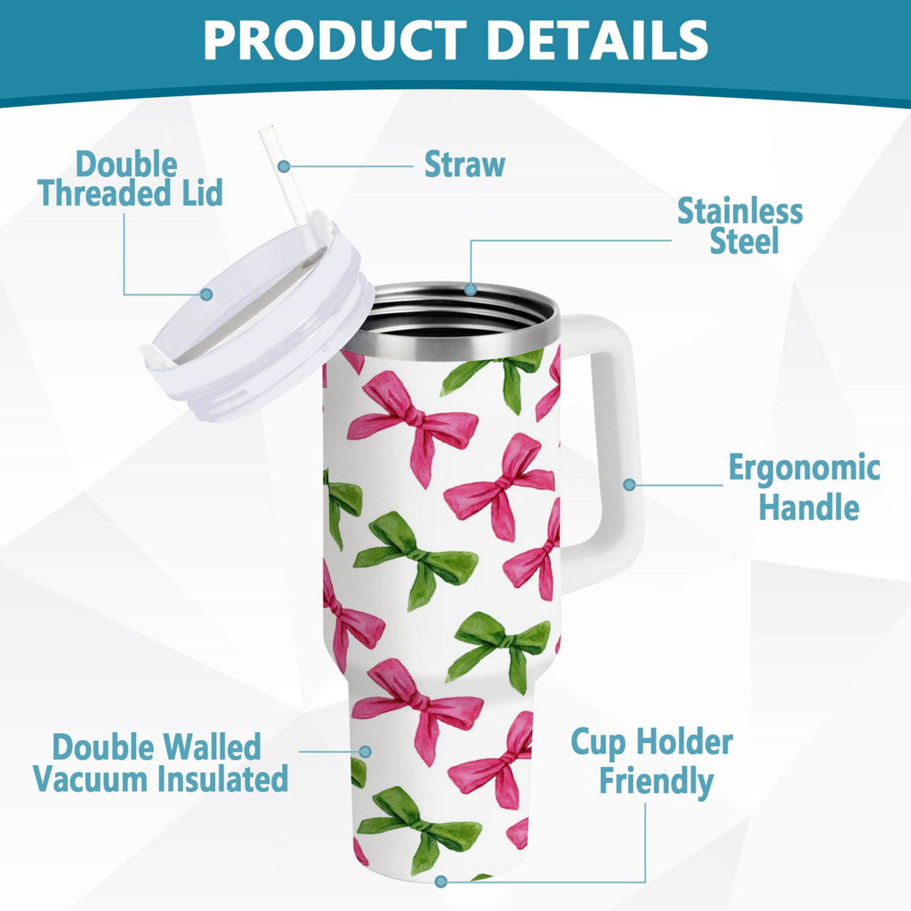 30 oz Insulated Stainless Steel Tumbler Double Wall Stainless Steel Tumbler with 2-Way Drinking Pink Bows and Green Ribbons J3SY