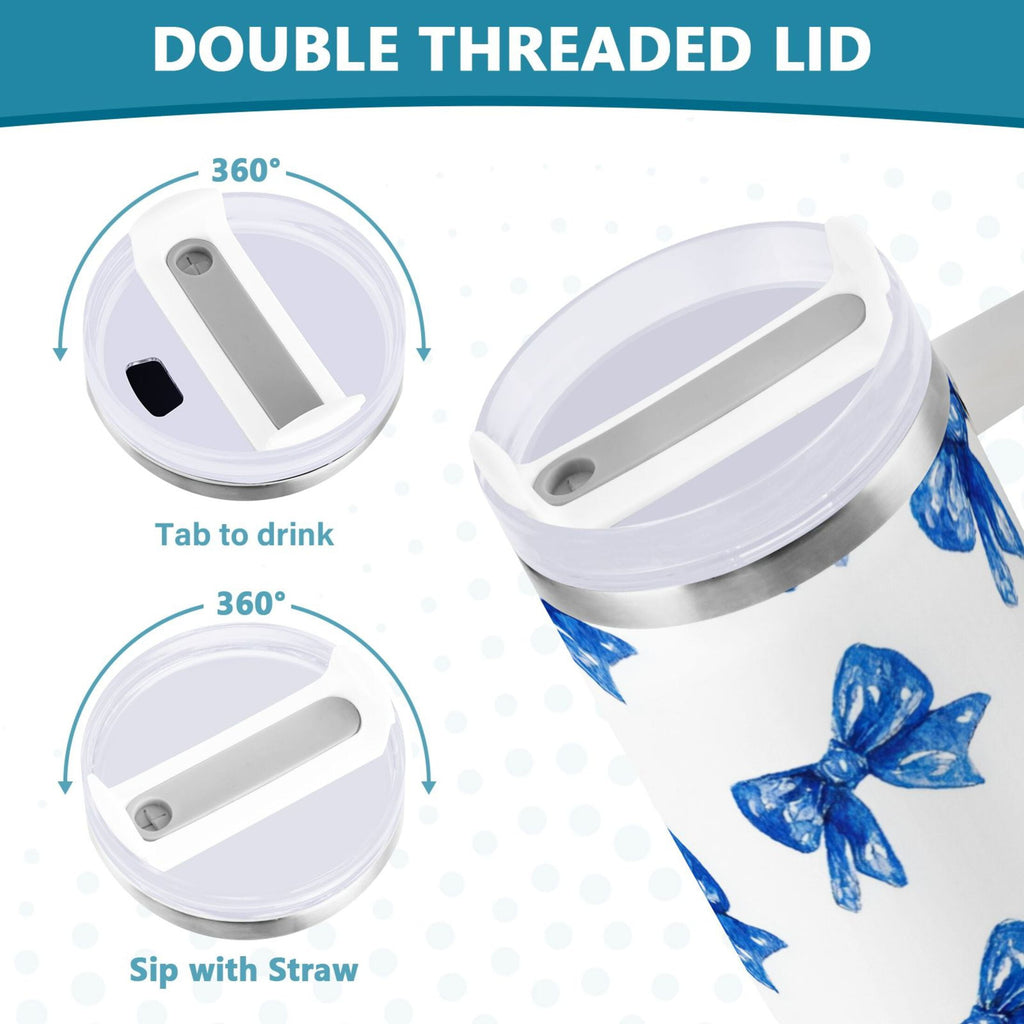 30 oz Insulated Stainless Steel Tumbler Double Wall Stainless Steel Tumbler with 2-Way Drinking Blue Bows Pattern 5UV7