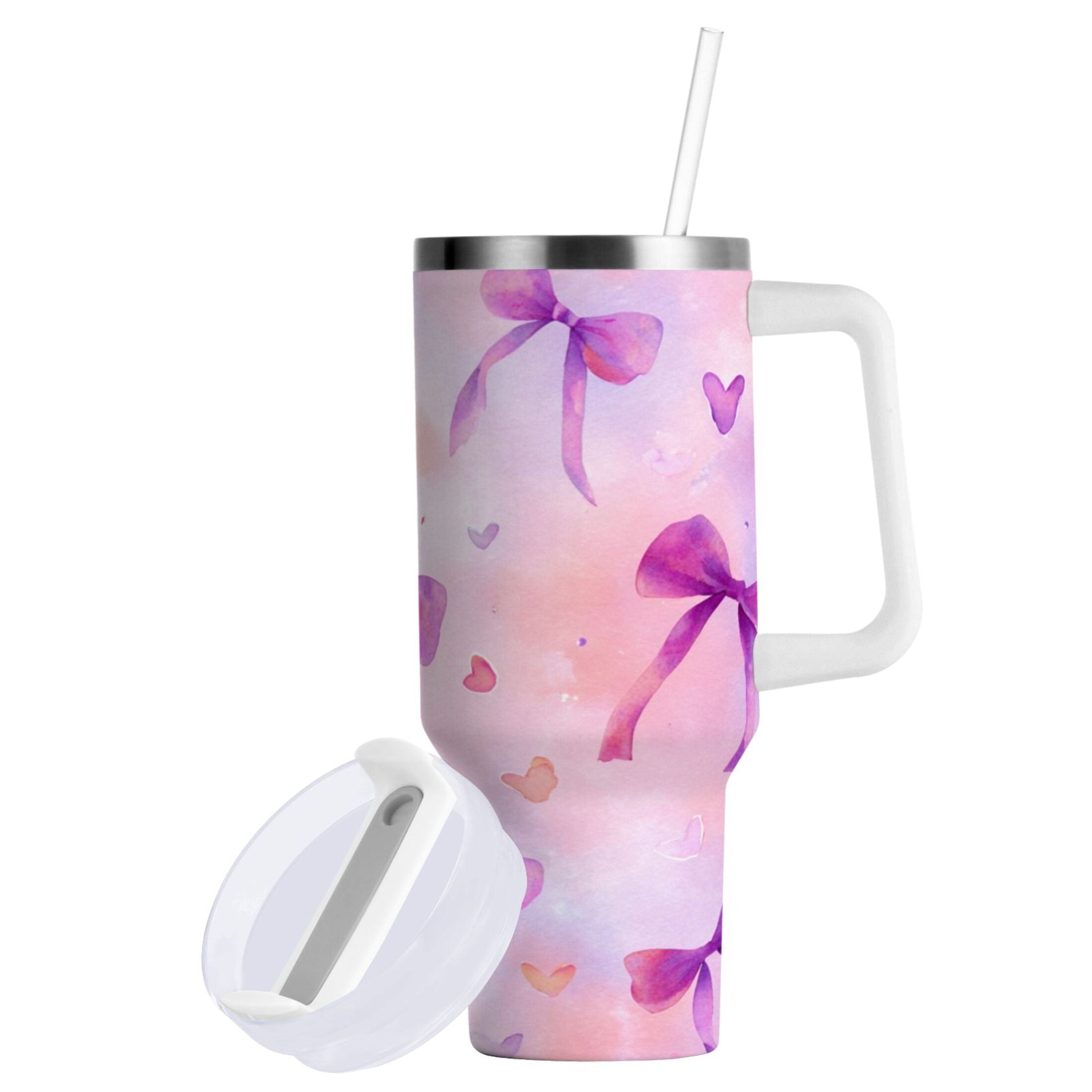 30 oz Insulated Stainless Steel Tumbler Double Wall Stainless Steel Tumbler with 2-Way Drinking Watercolor Purple Bows TU2B