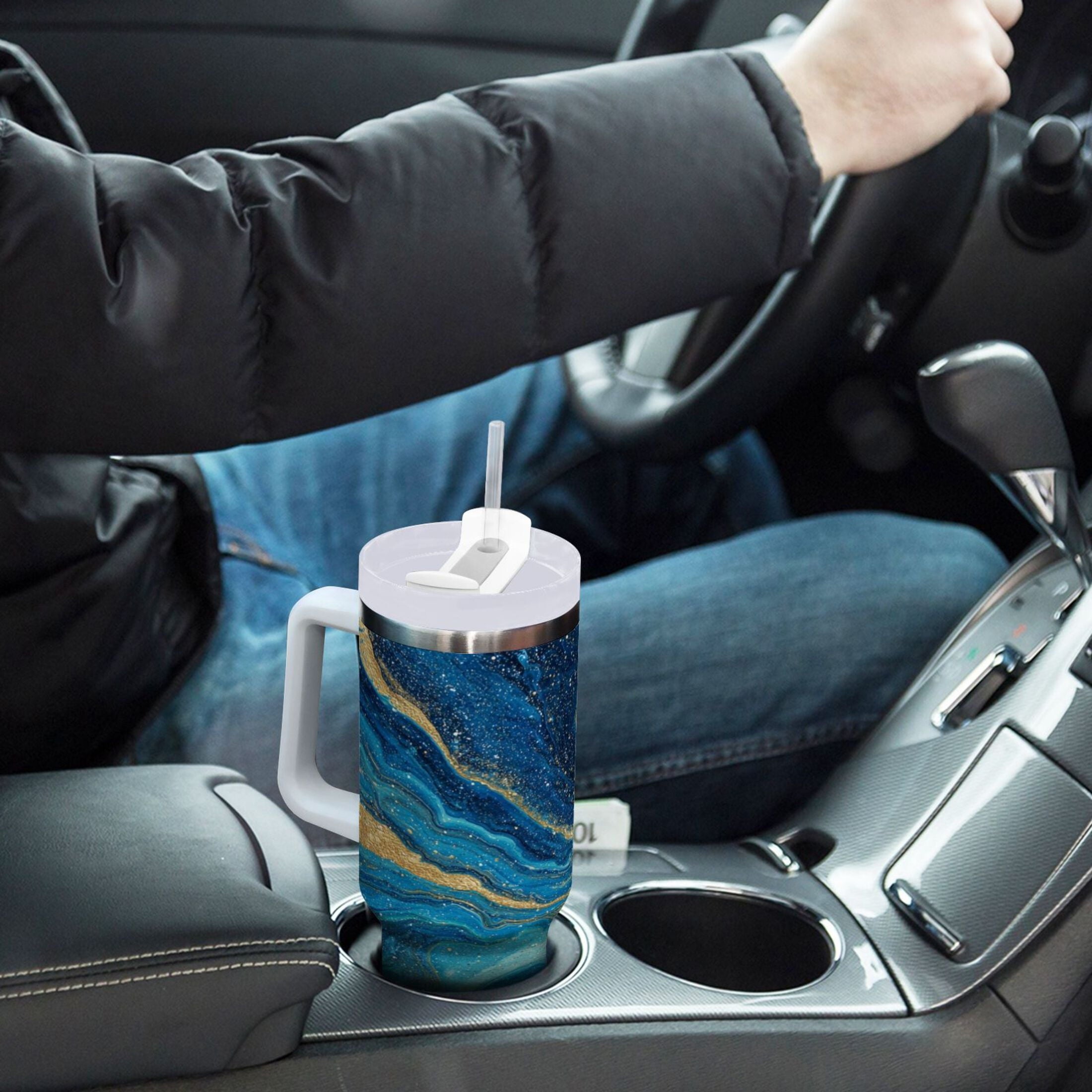 30 oz Insulated Stainless Steel Tumbler Double Wall Stainless Steel Tumbler with 2-Way Drinking Blue and Gold Ocean B3ZT