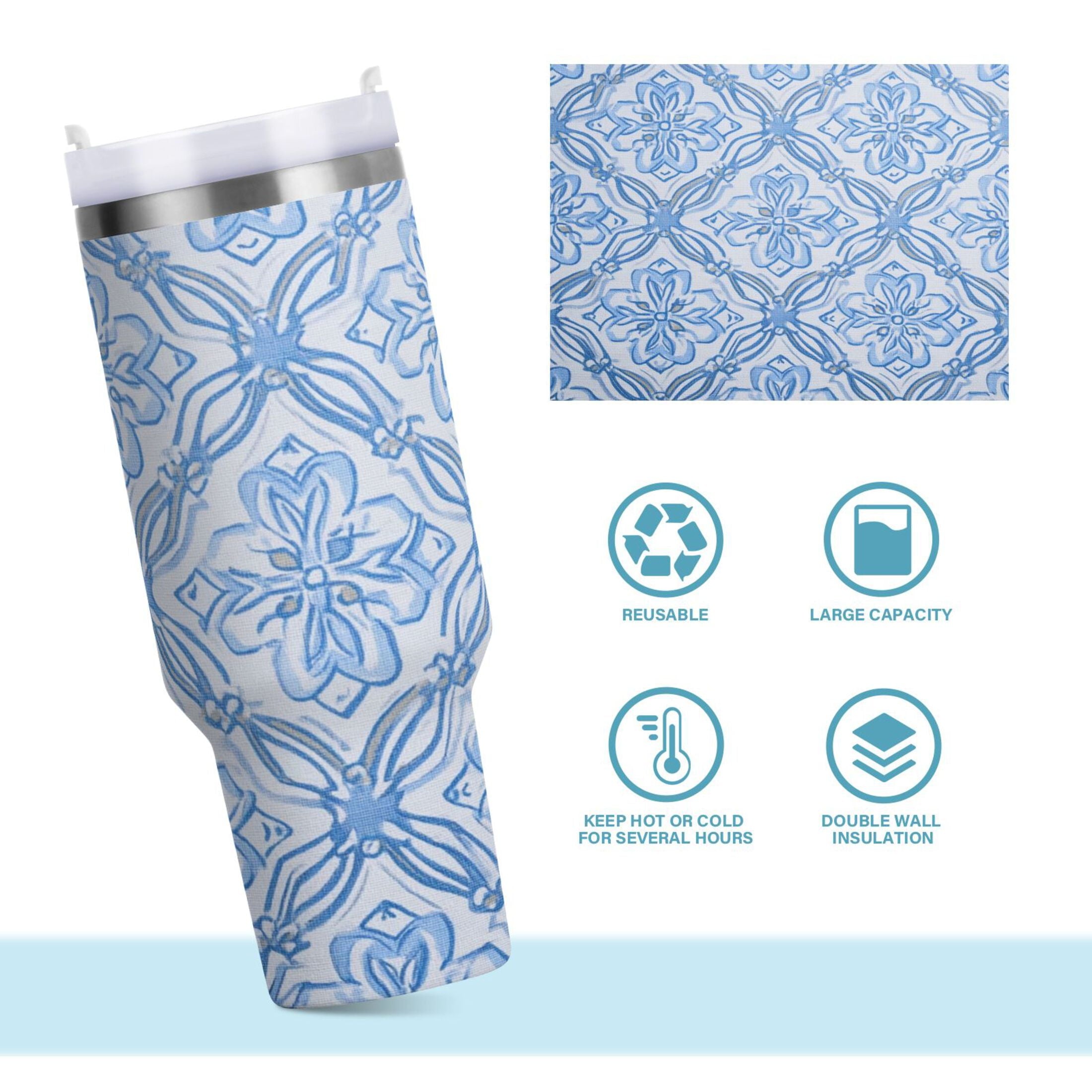 30 oz Insulated Stainless Steel Tumbler Double Wall Stainless Steel Tumbler with 2-Way Drinking Blue Elegant Geometric Design JKL5