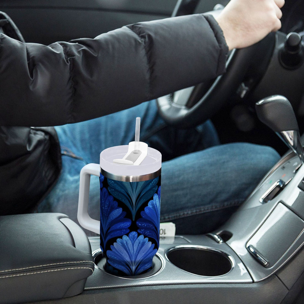 30 oz Insulated Stainless Steel Tumbler Double Wall Stainless Steel Tumbler with 2-Way Drinking Blue Batik Leaves Pattern C787