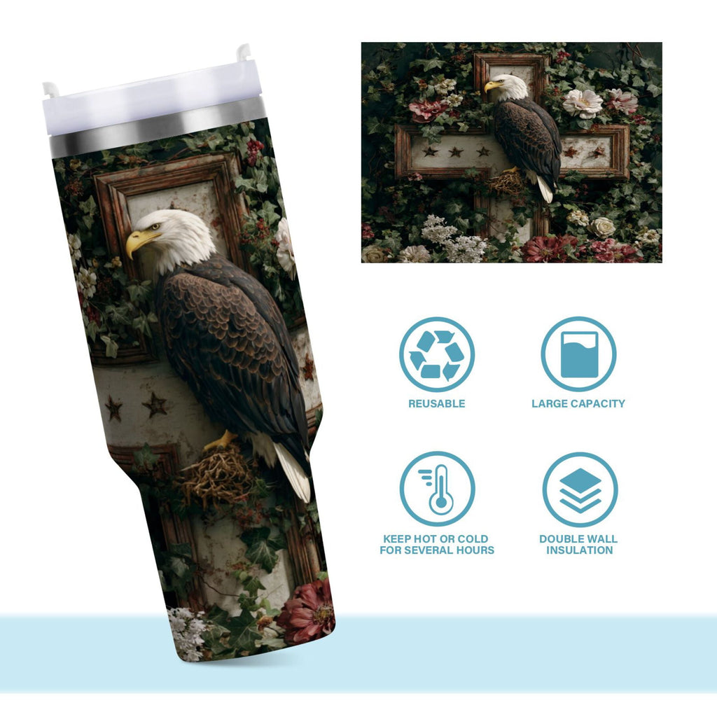 30 oz Insulated Stainless Steel Tumbler Double Wall Stainless Steel Tumbler with 2-Way Drinking Wreath and Bald Eagle 1YL5
