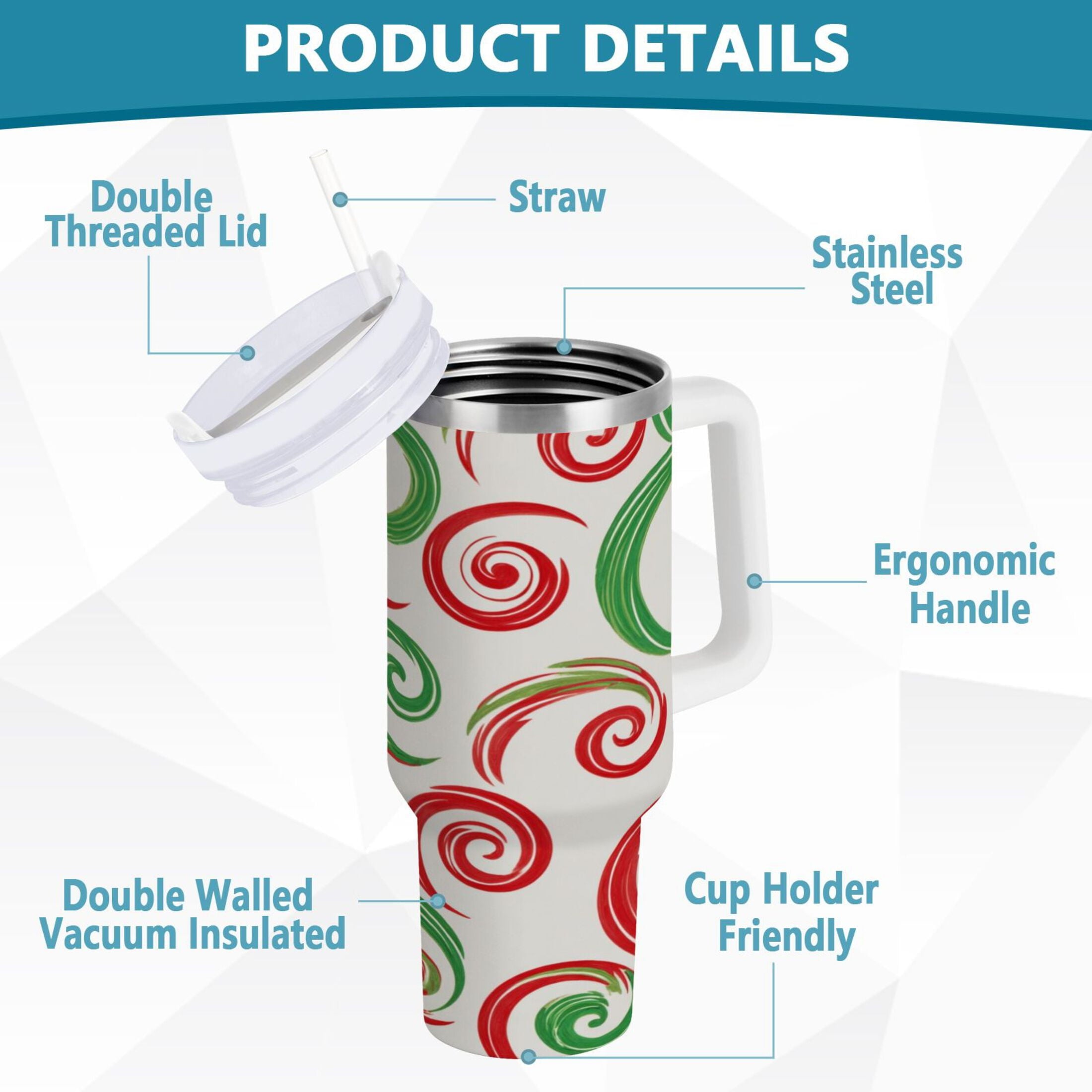 40 oz Insulated Stainless Steel Tumbler Double Wall Stainless Steel Tumbler with 2-Way Drinking Red and Green Swirls JRHA