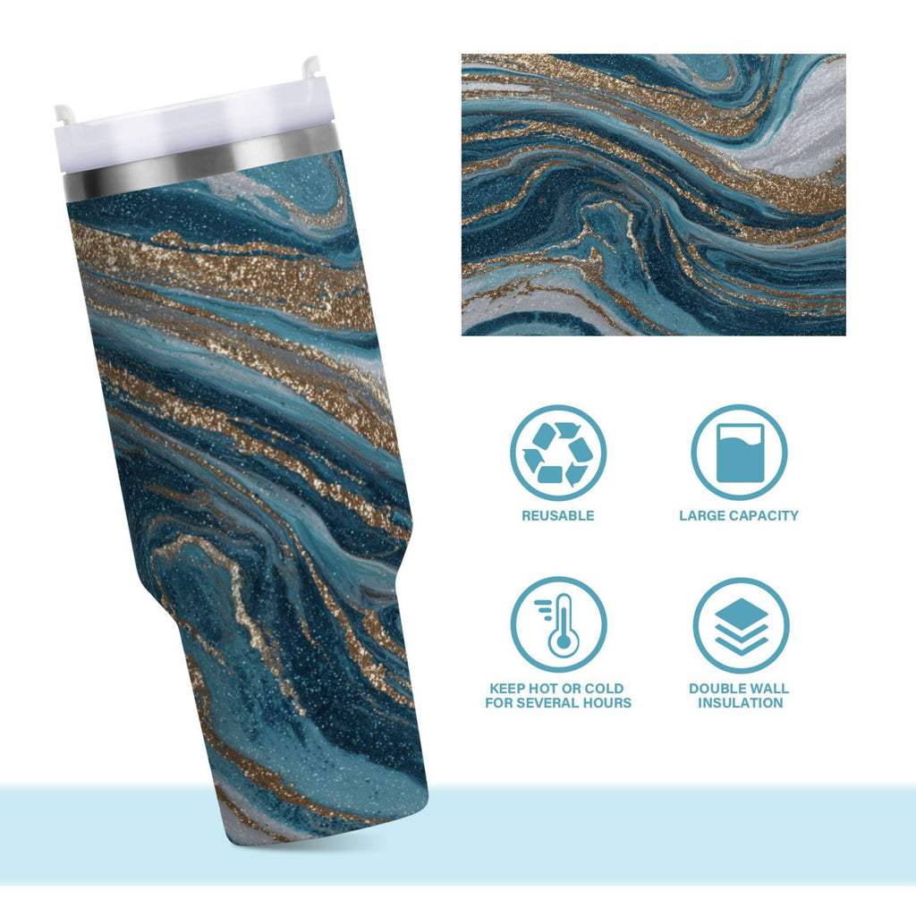 30 oz Insulated Stainless Steel Tumbler Double Wall Stainless Steel Tumbler with 2-Way Drinking Blue and Gold Swirling QE2X