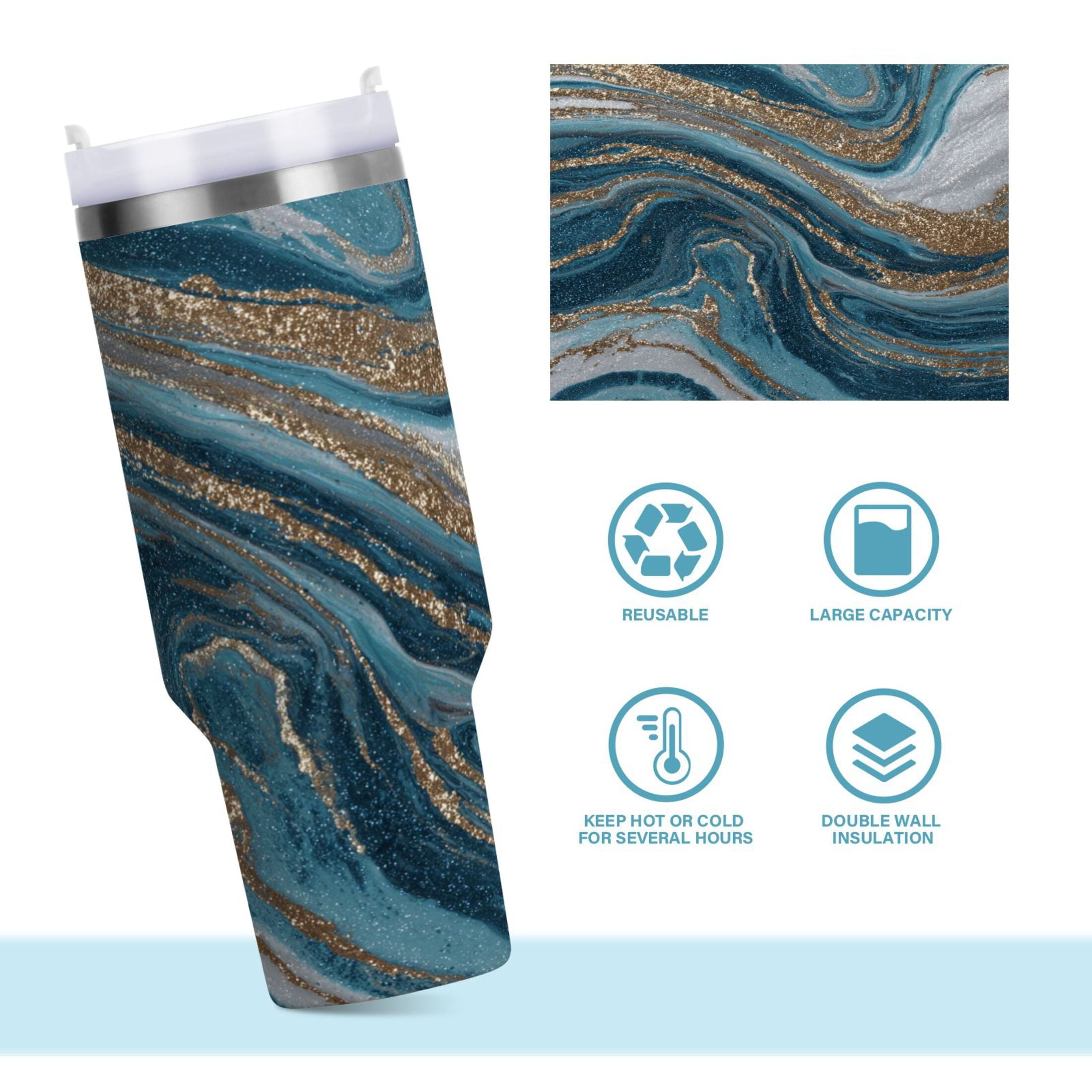 30 oz Insulated Stainless Steel Tumbler Double Wall Stainless Steel Tumbler with 2-Way Drinking Blue and Gold Swirling QE2X