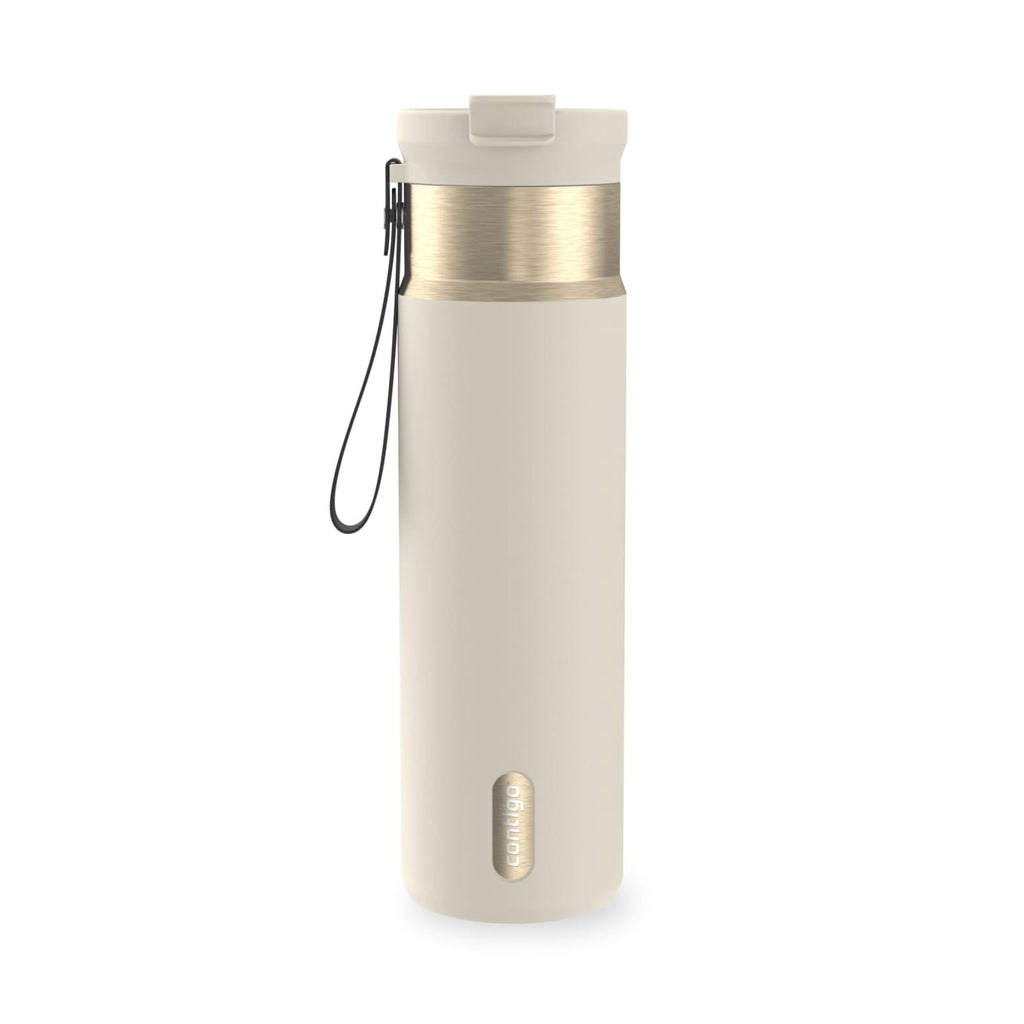 Contigo DualSip Leakproof Stainless Steel Reusable Water Bottle Tumbler with Carrying Strap, Cream/Champagne, 24 oz D87F