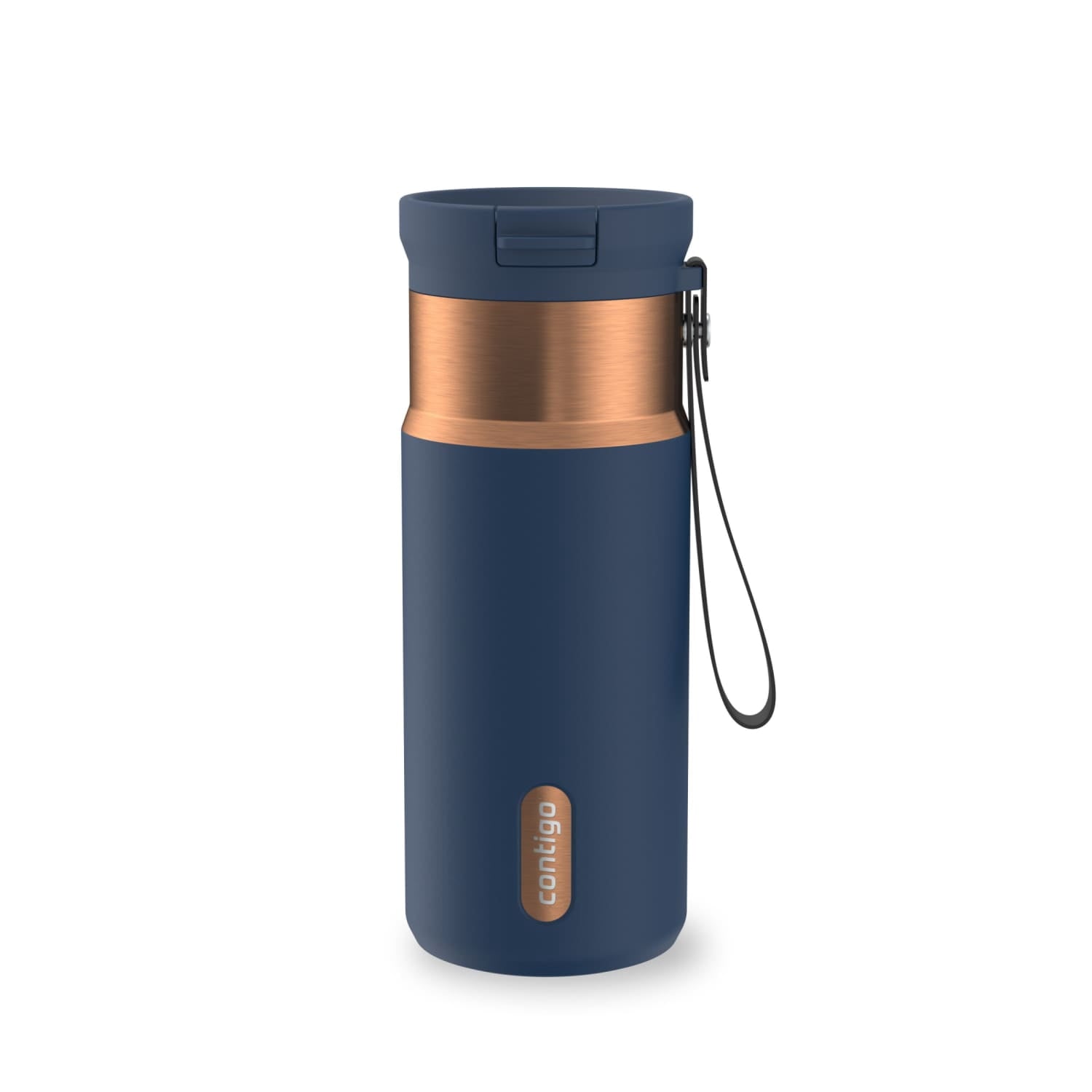 Contigo SnapSeal Leakproof Stainless Steel Reusable Water Bottle with Carrying Strap, Black/Bronze, 16 oz 64AH