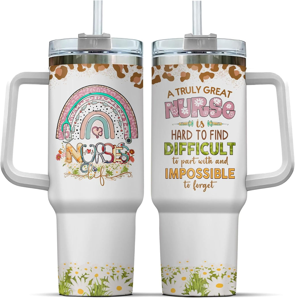 Tumbler 40 Oz With Handle Lid And Straw, Nurse Gifts, Black Camo White Engraved Print Travel Nurses Tumblers Handle Funny Cups Nursing For, Great Nurse Rainbow Daisy Flower FV57