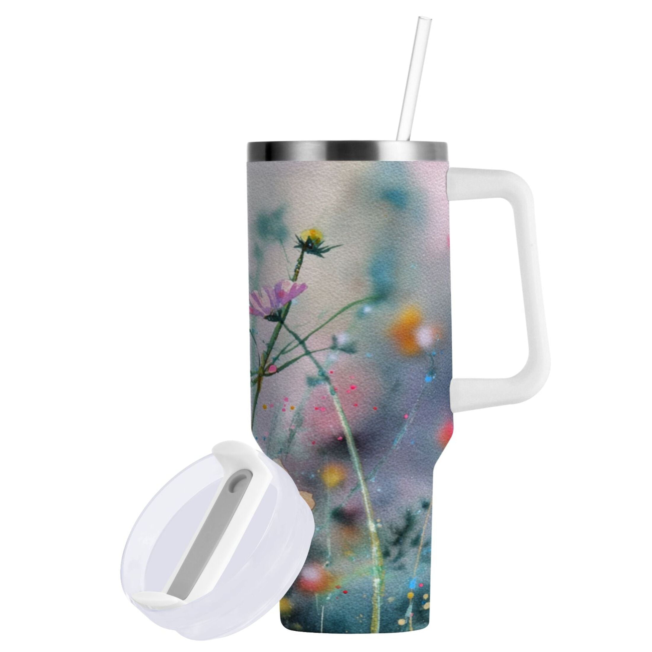40 oz Insulated Stainless Steel Tumbler Double Wall Stainless Steel Tumbler with 2-Way Drinking Abstract Wildflowers UZH3