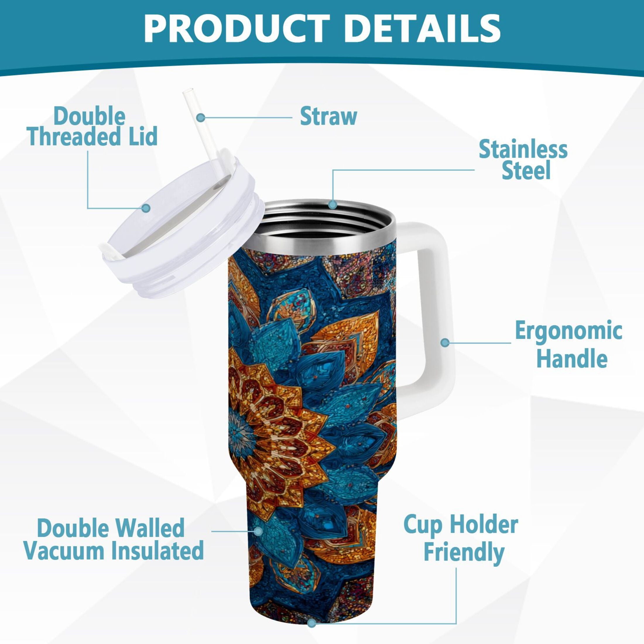 40 oz Insulated Stainless Steel Tumbler Double Wall Stainless Steel Tumbler with 2-Way Drinking Intricate Geometric Shapes TU13