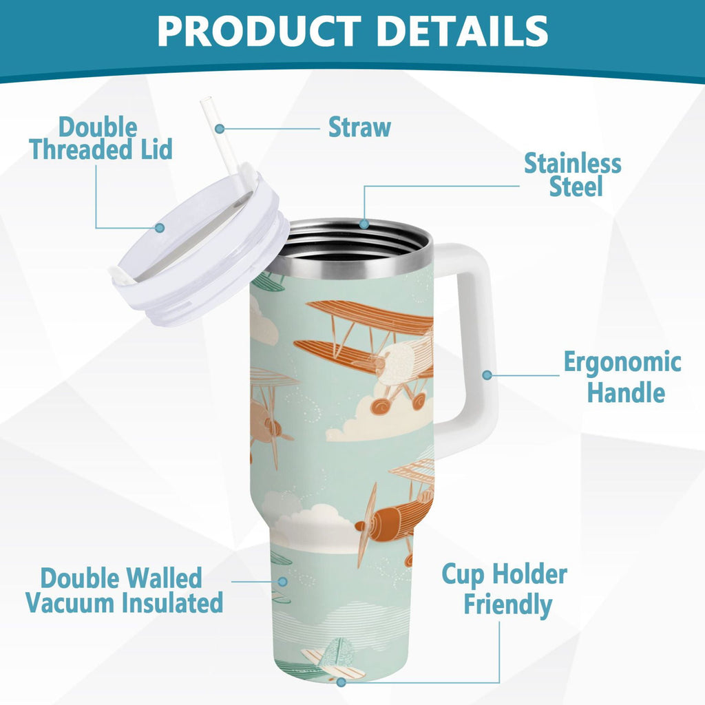 40 oz Insulated Stainless Steel Tumbler Double Wall Stainless Steel Tumbler with 2-Way Drinking Cute Airplanes 1AU4