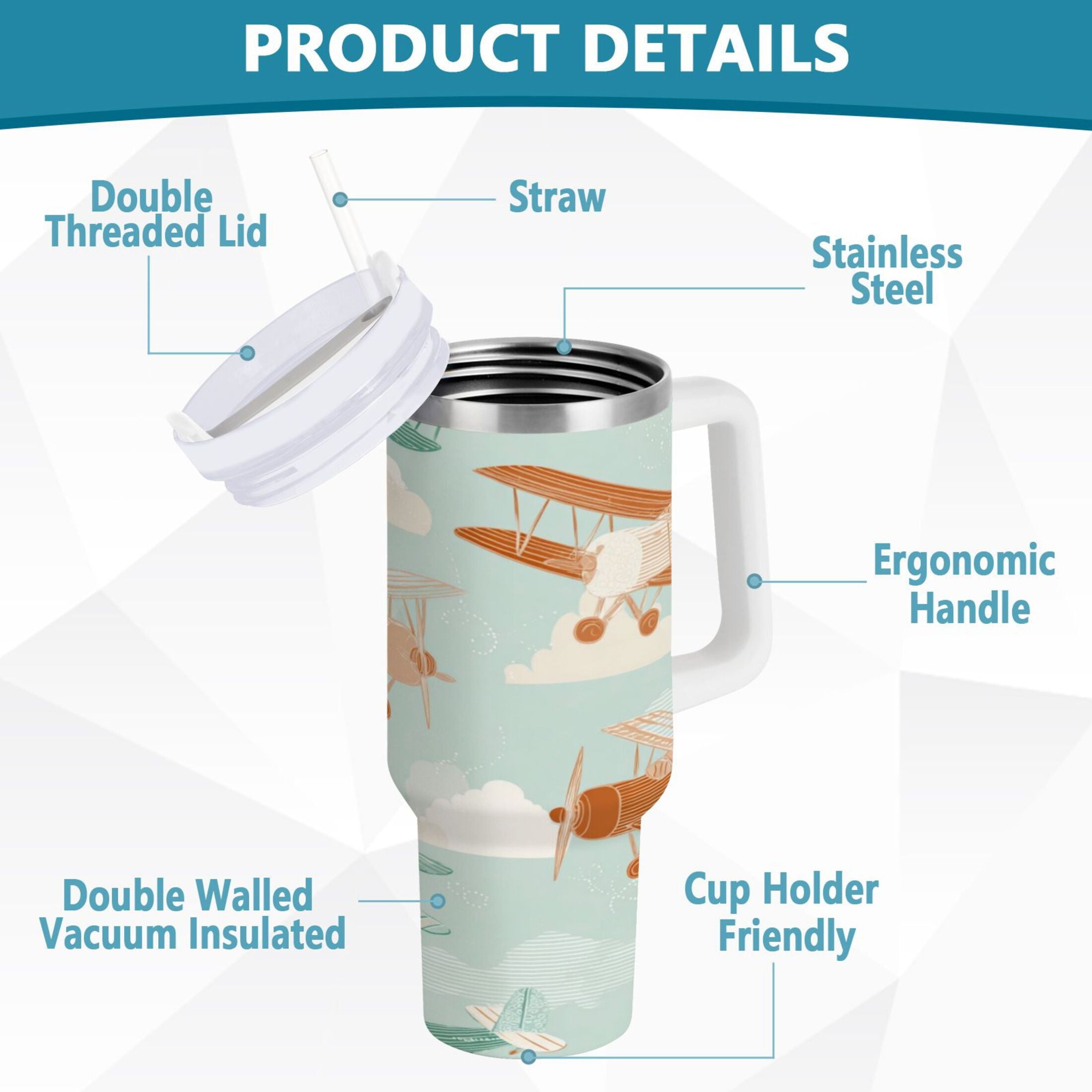 40 oz Insulated Stainless Steel Tumbler Double Wall Stainless Steel Tumbler with 2-Way Drinking Cute Airplanes 1AU4