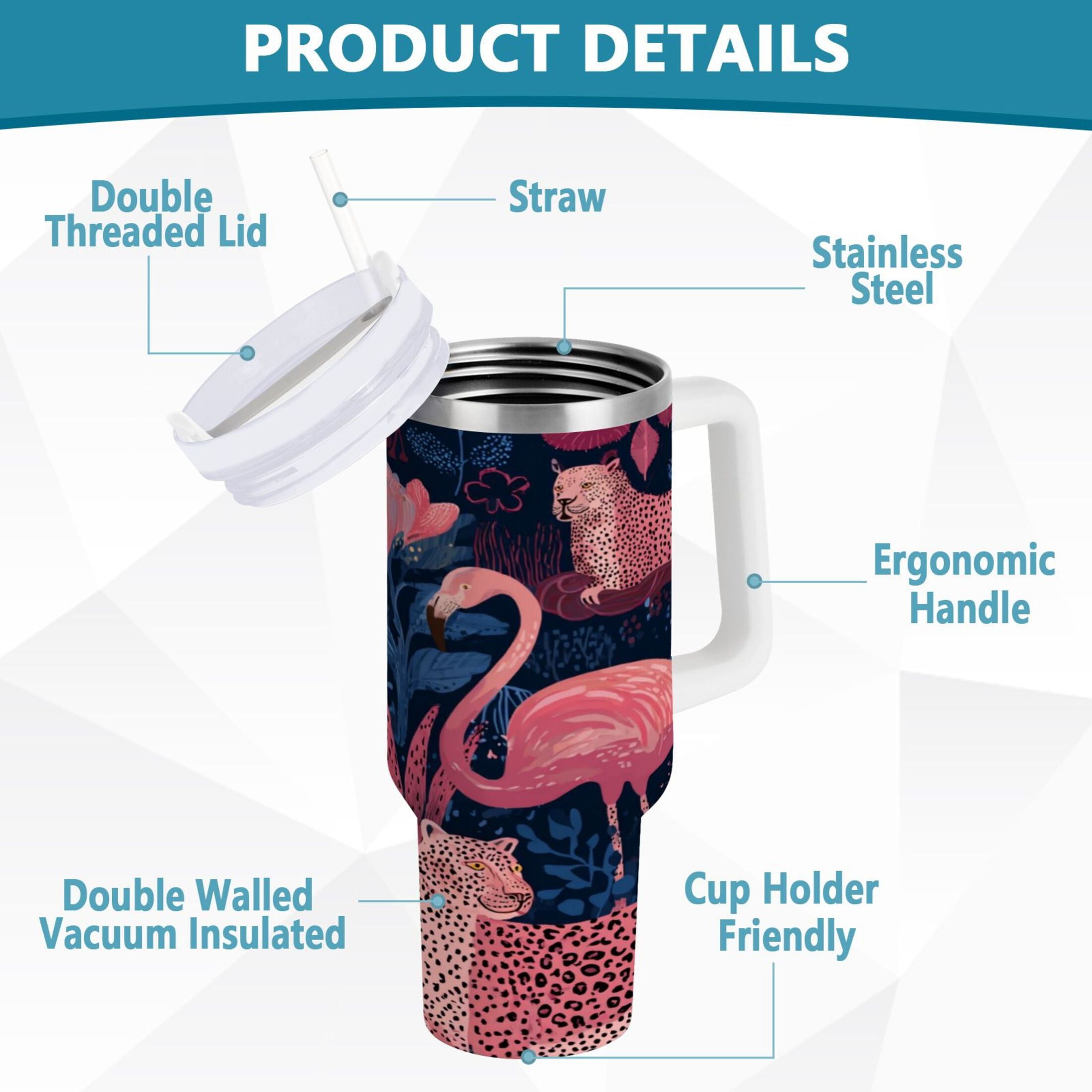 30 oz Insulated Stainless Steel Tumbler Double Wall Stainless Steel Tumbler with 2-Way Drinking Flamingos and Leopard Print 805Q