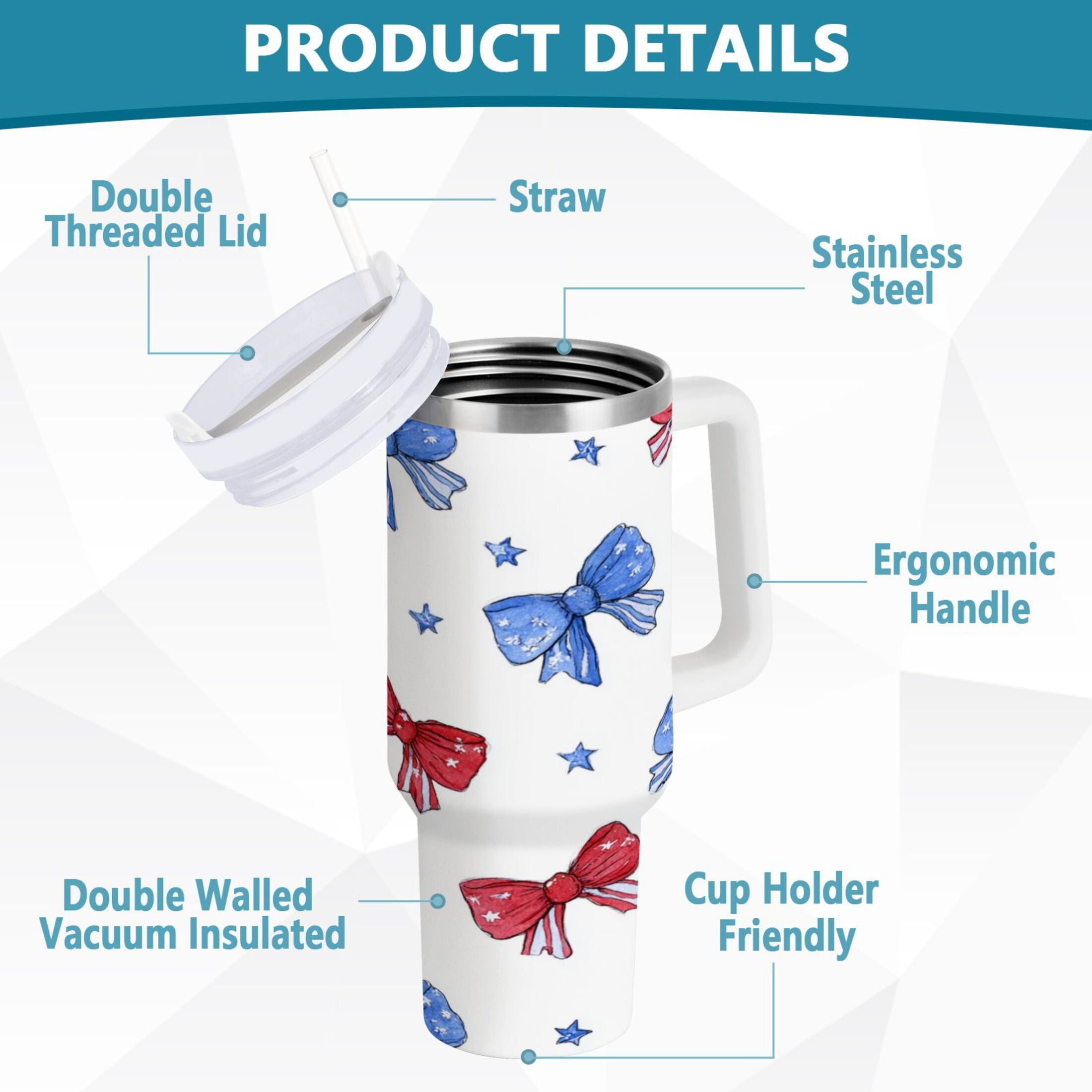 40 oz Insulated Stainless Steel Tumbler Double Wall Stainless Steel Tumbler with 2-Way Drinking Hand-drawn Bows S6BX